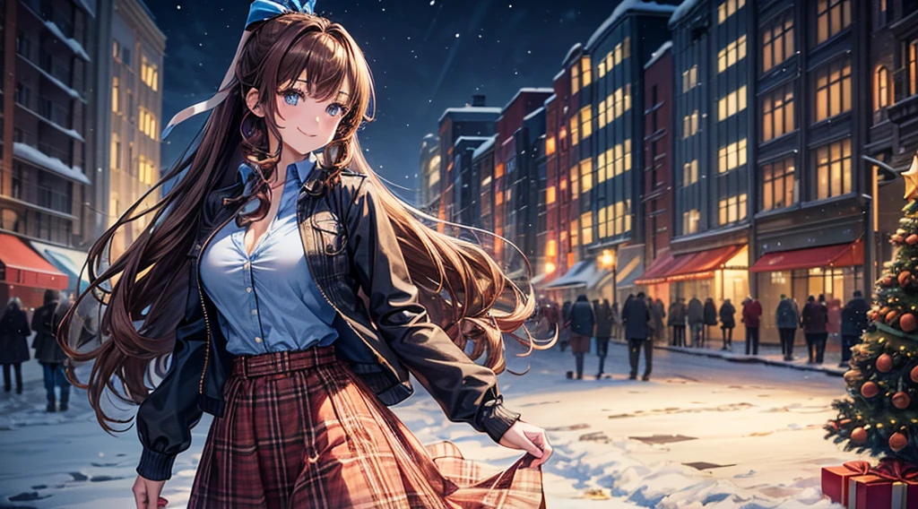 1girl, solo, full body, christmas, ((christmas tree)), street, night, lights, snow, long hair, brown hair, curly hair, ponytail, large breasts, button down, ((opened brown zipper jacket)), dark blue eyes, ((blue shirt)), ((checked shirt)), ((unbuttoned shirt)), ((long skirt)), smile, looking at the viewer, standing, hair ribbon