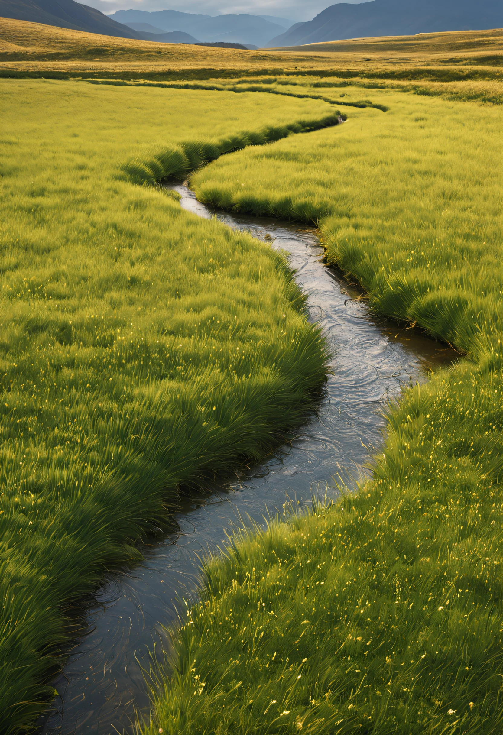 A small stream flows through a vast grassland,