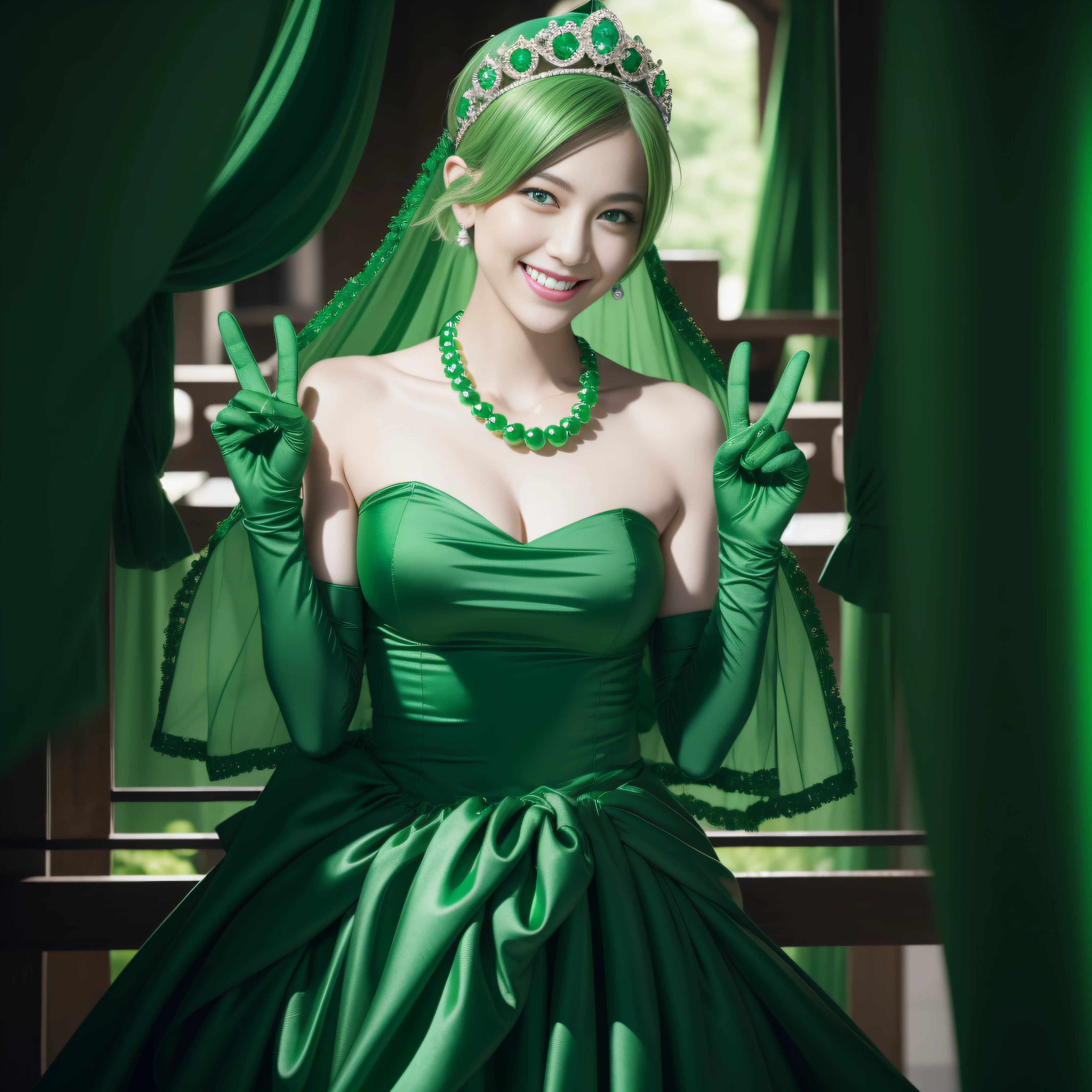 emerald tiara, Green Pearl Necklace, Boyish very short green hair, lipsticks, Japan woman smiling, very short short hair, big breasts beautiful, Green eyes, Long green gloves made of satin material, Green eyes, v sign, Double peace