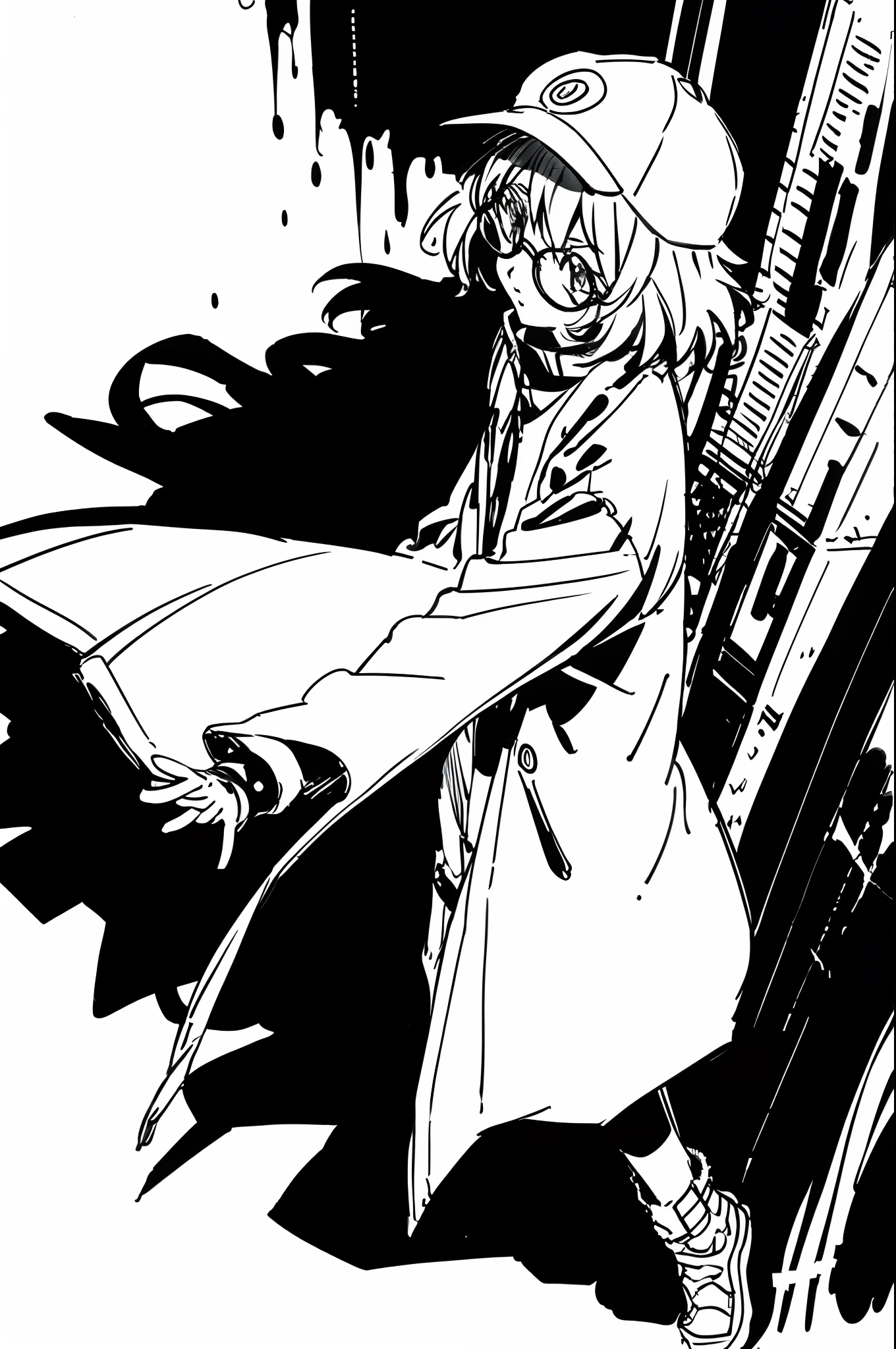 Mirai Kuriyama wearing a coat and a cap hiding her face with her hands, ((empty background)), winter, VHS, vintage, red glasses, manga style, white background, ((monochrome)), far away shot, (sketch), long sleeves, 1girl, looking up, casual clothes, full body