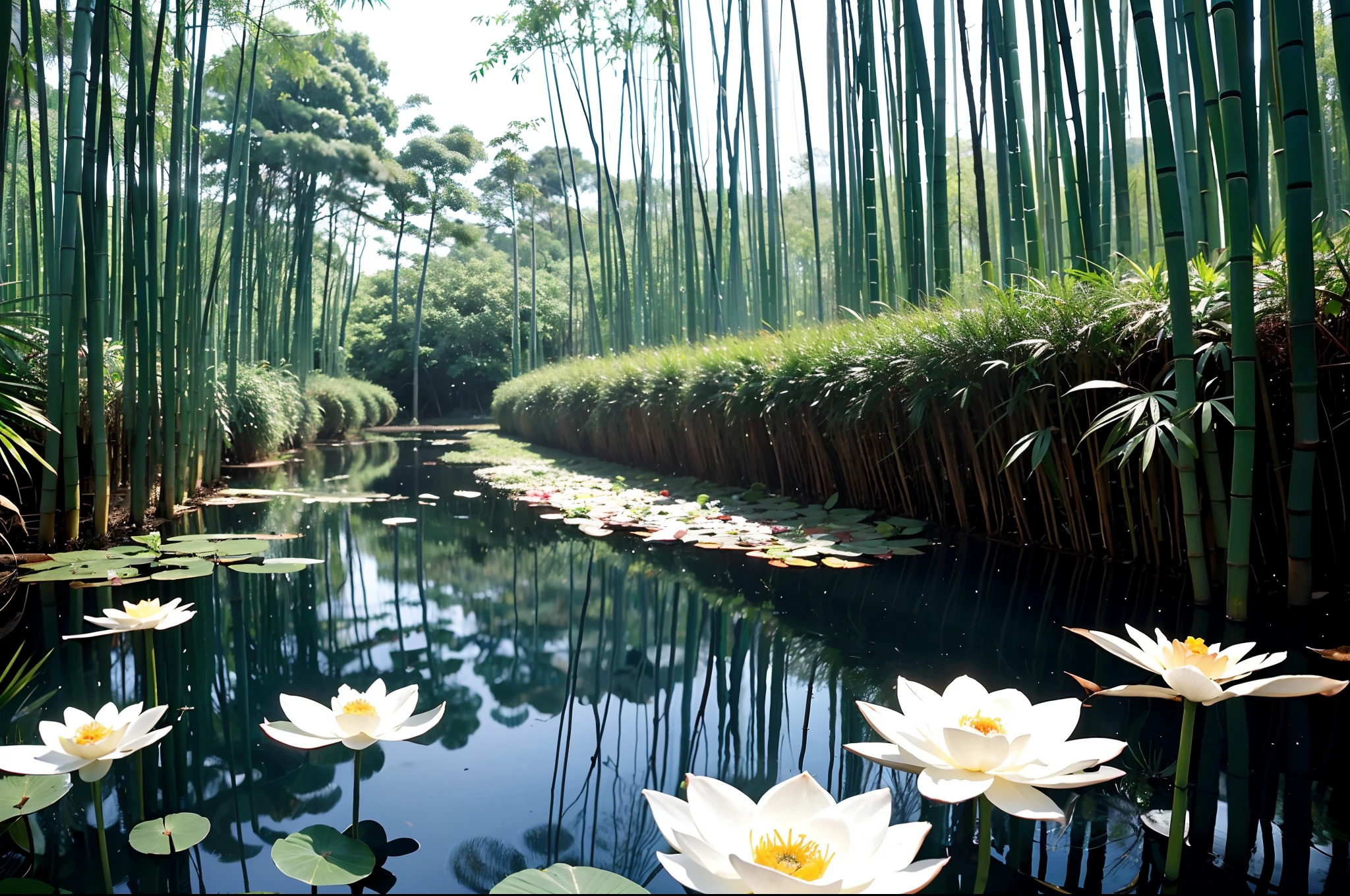 (tmasterpiece，best qualtiy：1.2），rivulets，Rochas，独奏，bamboo forrest，lotuses，The composition is minimalist,Kraft background，Lots of white space