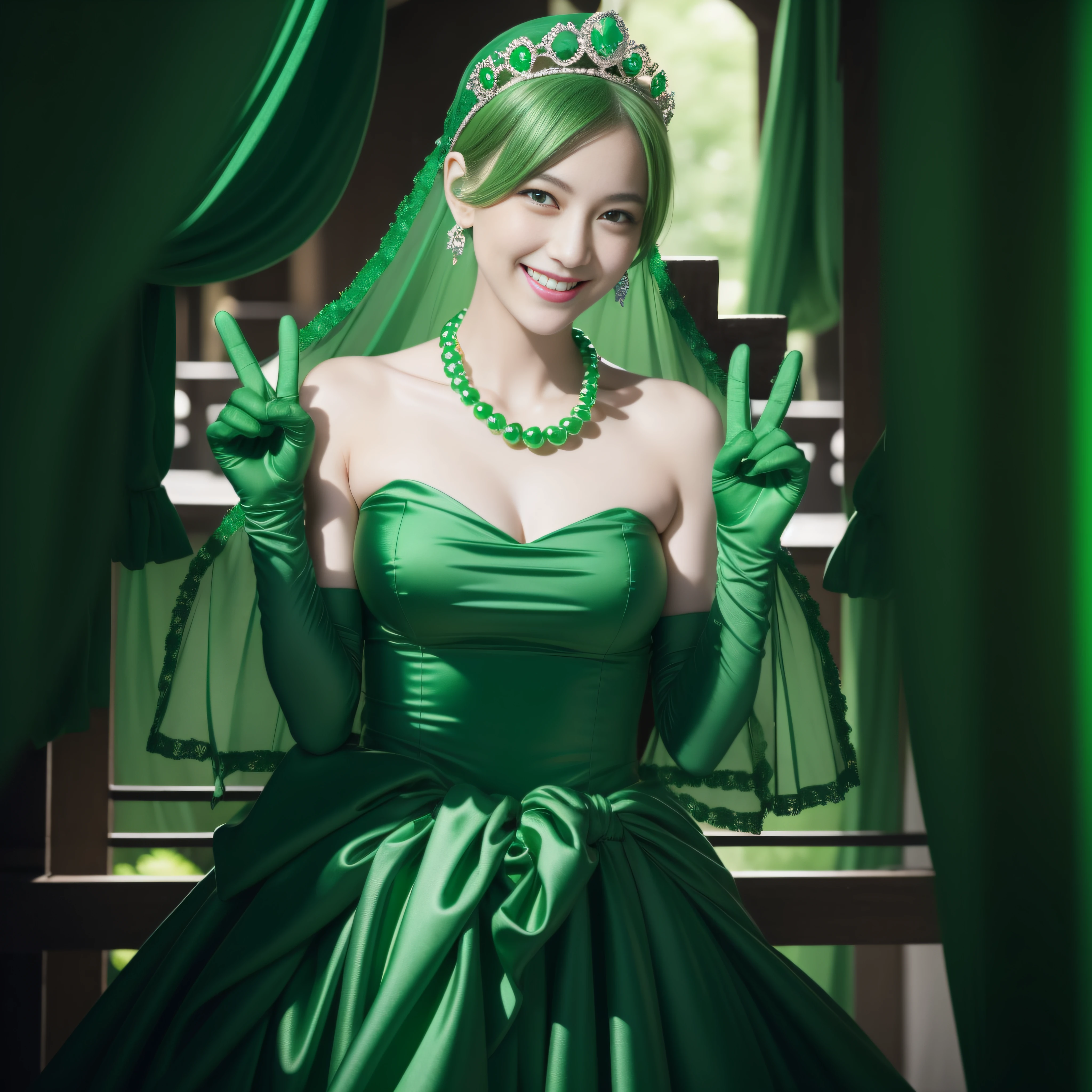 emerald tiara, green pearl necklace, boyish very short green hair, lipstick, smiling Japanese woman, very short hair, big breasts beautiful, green eyes, Long Green Satin Gloves, green eyes, V sign, emerald earrings, green veil, green lip gloss