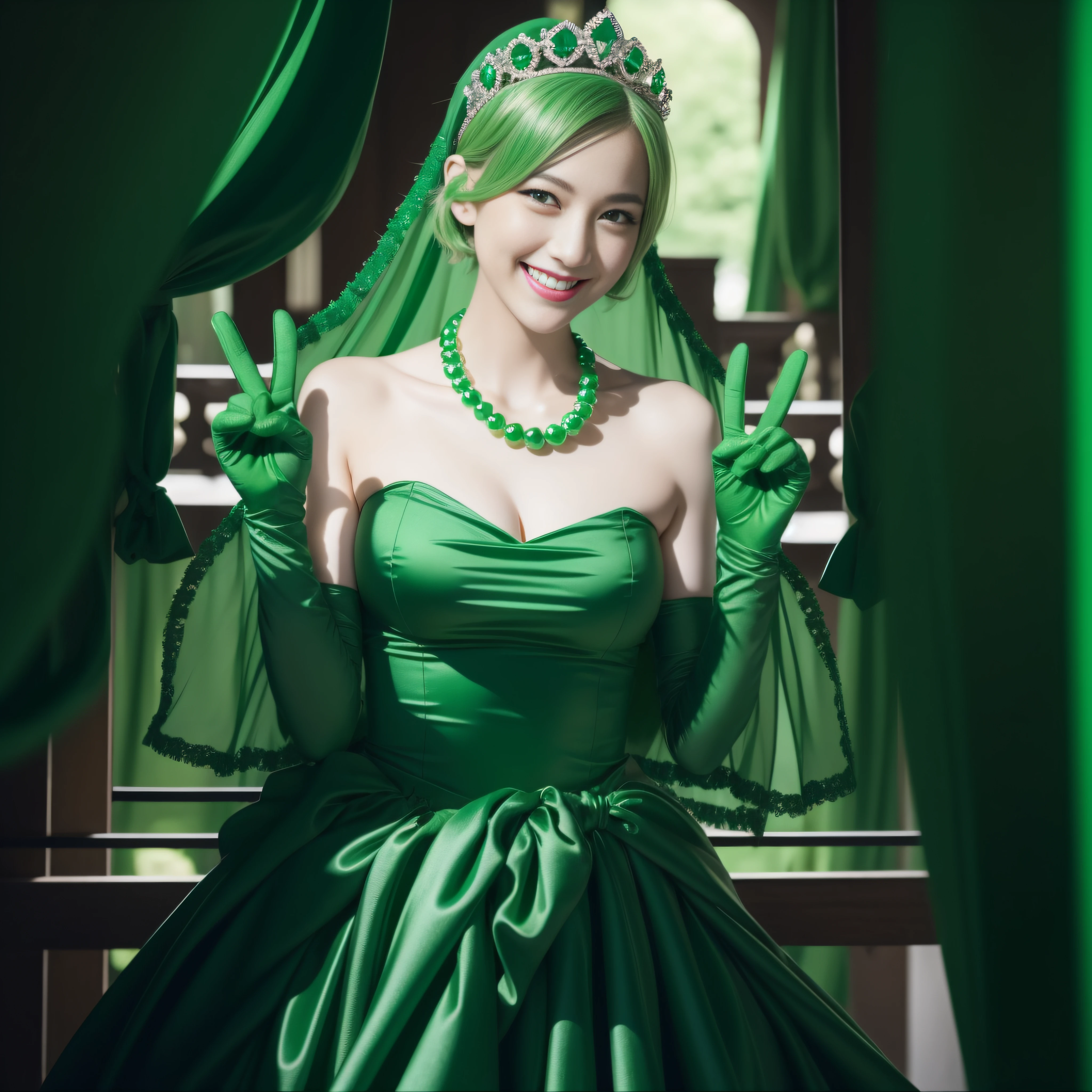 emerald tiara, Green Pearl Necklace, Boyish very short green hair, lipsticks, Japan woman smiling, very short short hair, big breasts beautiful, Green eyes, Long green gloves made of satin material, Green eyes, v sign, Double peace