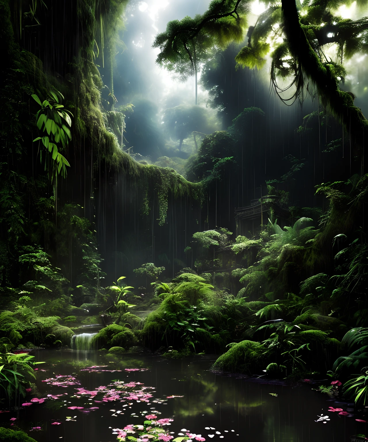 the rainforest，Small streams，(Masterpiece: 1.3), (8K, Photorealistic, RAW photo, Best quality: 1.4), Damp rainforest,forest,jungles，with intense rainfall，Mono Color，vines all around，giant and wet trees，(The jungle is dark and damp:1.8),There are swamps on the ground,There was an air of obstruction in the woods，Spooky poisonous bugs，Breathtaking forest scene，Tall trees stretch out to the sky，sunshines through the leaves，Cast a golden glow on the forest floor。Small streams run through mossy rocks，Creates a peaceful atmosphere。The delicate branches are dotted with vibrant flowers and leaves，Add a touch of color to the scene。Fireflies dancing in the air，A soft glow illuminates the surroundings。The air is filled with soft melodies，Butterflies flutter among the flowers。In the complex、This fascinating moment is captured in high-quality illustrations，And pay attention to the finest details and realistic shadows,((Lush verdant jungle / oases / desert island / Temple ruins)), Sensual, Evocative pose, Intricate, Highly detailed, By Anders Zorn, Sophie Anderson, Leah Kuvkhinov