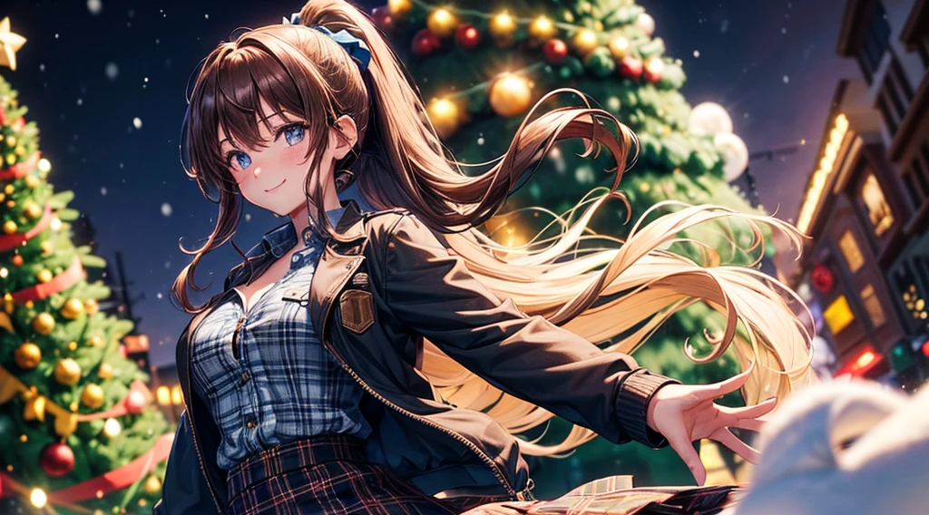 1girl, solo, full body, christmas, ((christmas tree)), street, night, lights, snow, long hair, brown hair, curly hair, ponytail, large breasts, button down, ((opened brown zipper jacket)), dark blue eyes, ((blue shirt)), ((checked shirt)), ((unbuttoned shirt)), ((long skirt)), smile, looking at the viewer, standing, hair ribbon