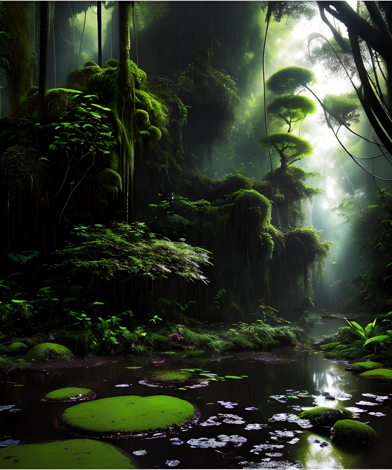 the rainforest，Small streams，(Masterpiece: 1.3), (8K, Photorealistic, RAW photo, Best quality: 1.4), Damp rainforest,forest,jungles，with intense rainfall，Mono Color，vines all around，giant and wet trees，(The jungle is dark and damp:1.8),There are swamps on the ground,There was an air of obstruction in the woods，Spooky poisonous bugs，Breathtaking forest scene，Tall trees stretch out to the sky，sunshines through the leaves，Cast a golden glow on the forest floor。Small streams run through mossy rocks，Creates a peaceful atmosphere。The delicate branches are dotted with vibrant flowers and leaves，Add a touch of color to the scene。Fireflies dancing in the air，A soft glow illuminates the surroundings。The air is filled with soft melodies，Butterflies flutter among the flowers。In the complex、This fascinating moment is captured in high-quality illustrations，And pay attention to the finest details and realistic shadows,((Lush verdant jungle / oases / desert island / Temple ruins)), Sensual, Evocative pose, Intricate, Highly detailed, By Anders Zorn, Sophie Anderson, Leah Kuvkhinov