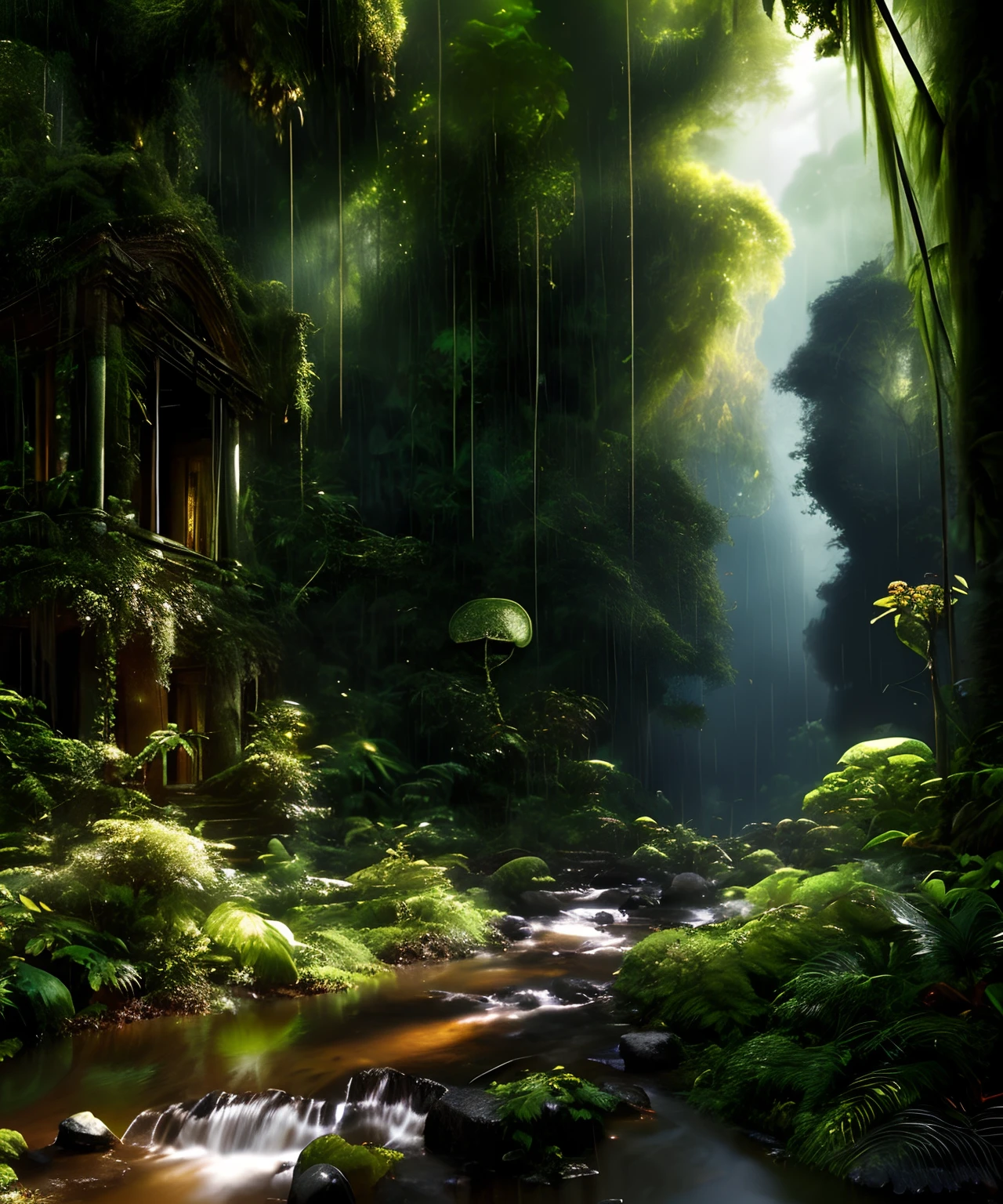 Heavy Rain is a stunning close-up ， (Masterpiece: 1.3), (8K, Photorealistic, RAW photo, Best quality: 1.4), Damp rainforest,forest,jungles，with intense rainfall，Mono Color，vines all around，giant and wet trees，(The jungle is dark and damp:1.8),There are swamps on the ground,There was an air of obstruction in the woods，Spooky poisonous bugs，Breathtaking forest scene，Tall trees stretch out to the sky，sunshines through the leaves，Cast a golden glow on the forest floor。Small streams run through mossy rocks，Creates a peaceful atmosphere。The delicate branches are dotted with vibrant flowers and leaves，Add a touch of color to the scene。Fireflies dancing in the air，A soft glow illuminates the surroundings。The air is filled with soft melodies，Butterflies flutter among the flowers。In the complex、This fascinating moment is captured in high-quality illustrations，And pay attention to the finest details and realistic shadows,((Lush verdant jungle / oases / desert island / Temple ruins)), Sensual, Evocative pose, Intricate, Highly detailed, By Anders Zorn, Sophie Anderson, Leah Kuvkhinov