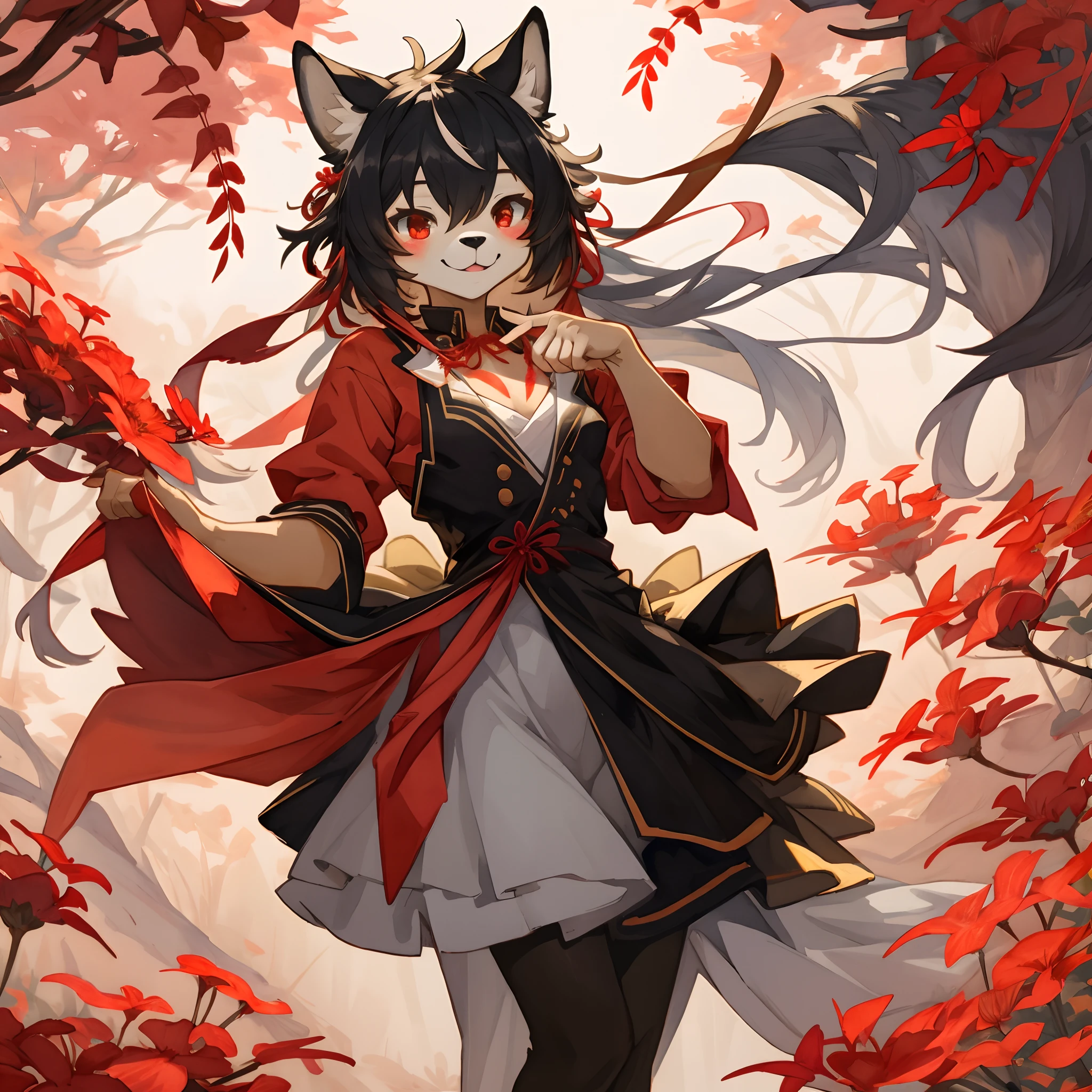 watercolor, highres, top quality, best quality, paid reward available, High-quality illustrations, unparalleled masterpiece, perfect artwork, absurdres, 1girl, kemono, furry, detailed body fur, animal face, animal hand, Archaic Smile, holding a cluster of red spider lilies in both hands, which are positioned at chest level, She is wearing a simple ring on the ring finger of her left hand, unfocused spread of red spider lilies, red coral, fan-created work shared on platforms Pixiv or Twitter,