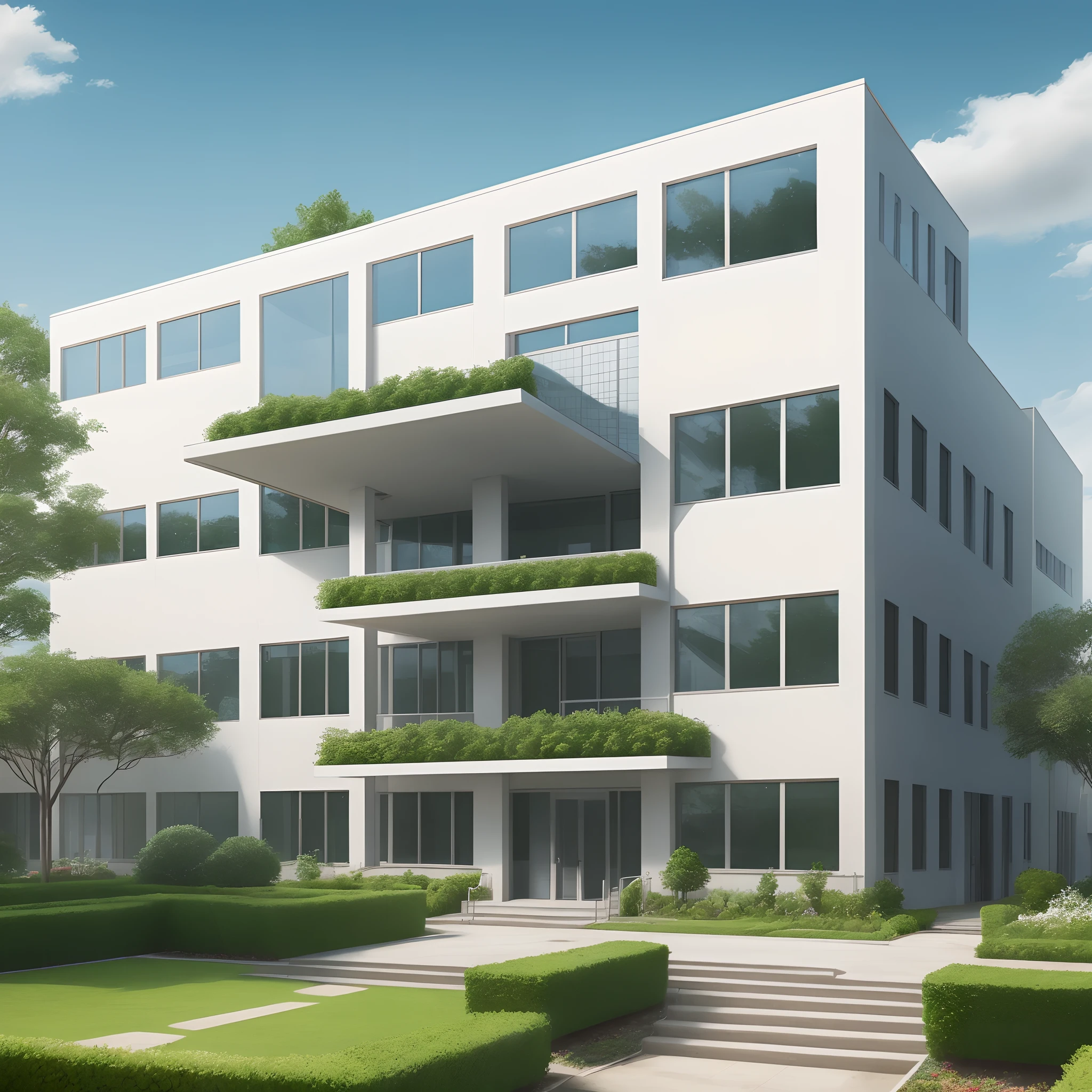 school with three buildings two stories tall and white in a beautiful garden