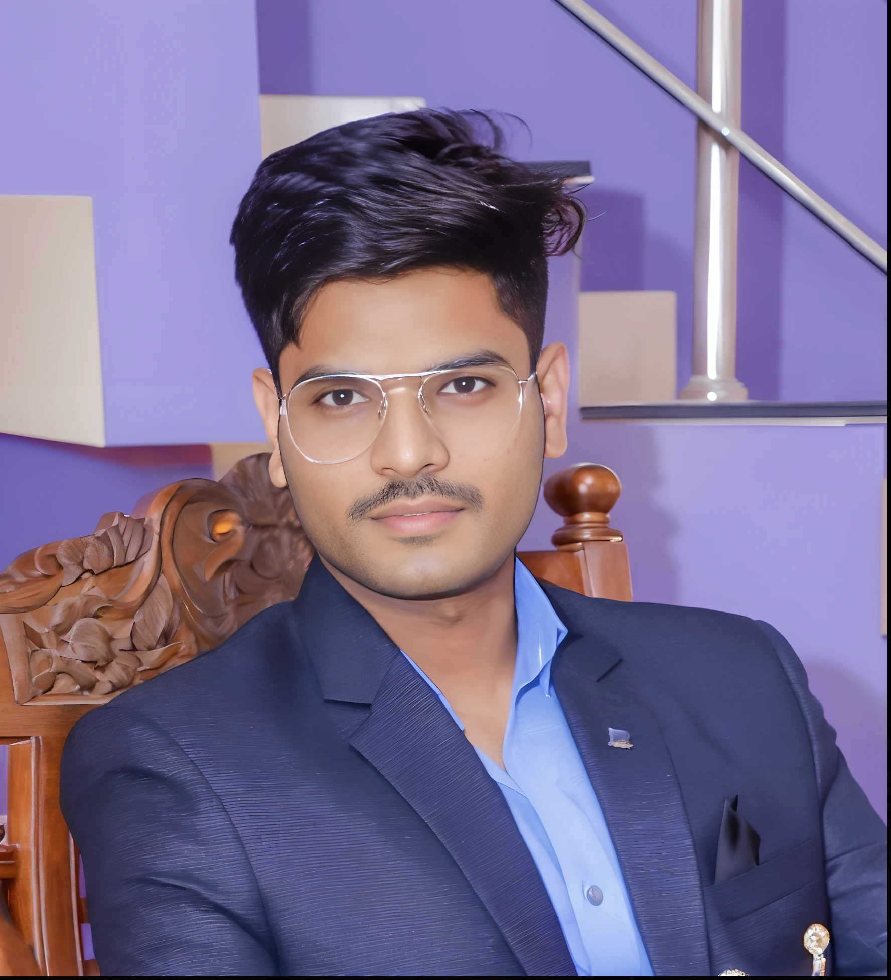 25 year young Pakistani man ultra realistic portrait wearing black formal suit , Apple laptop on table , home background , look at front camera — v 4 ultra HD 8k