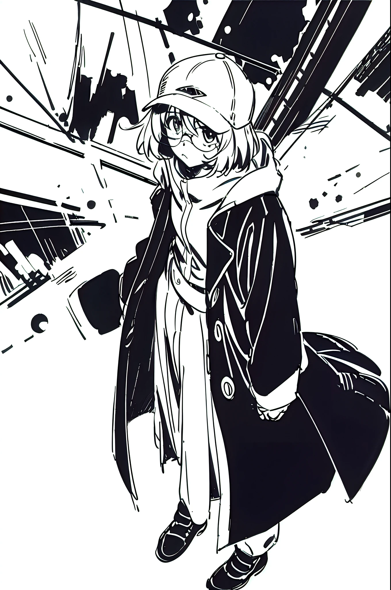 Mirai Kuriyama wearing a coat and a cap hiding her face with her hands, ((empty background)), winter, VHS, vintage, red glasses, manga style, white background, ((monochrome)), far away shot, (sketch), long sleeves, 1girl, looking up, casual clothes, full body