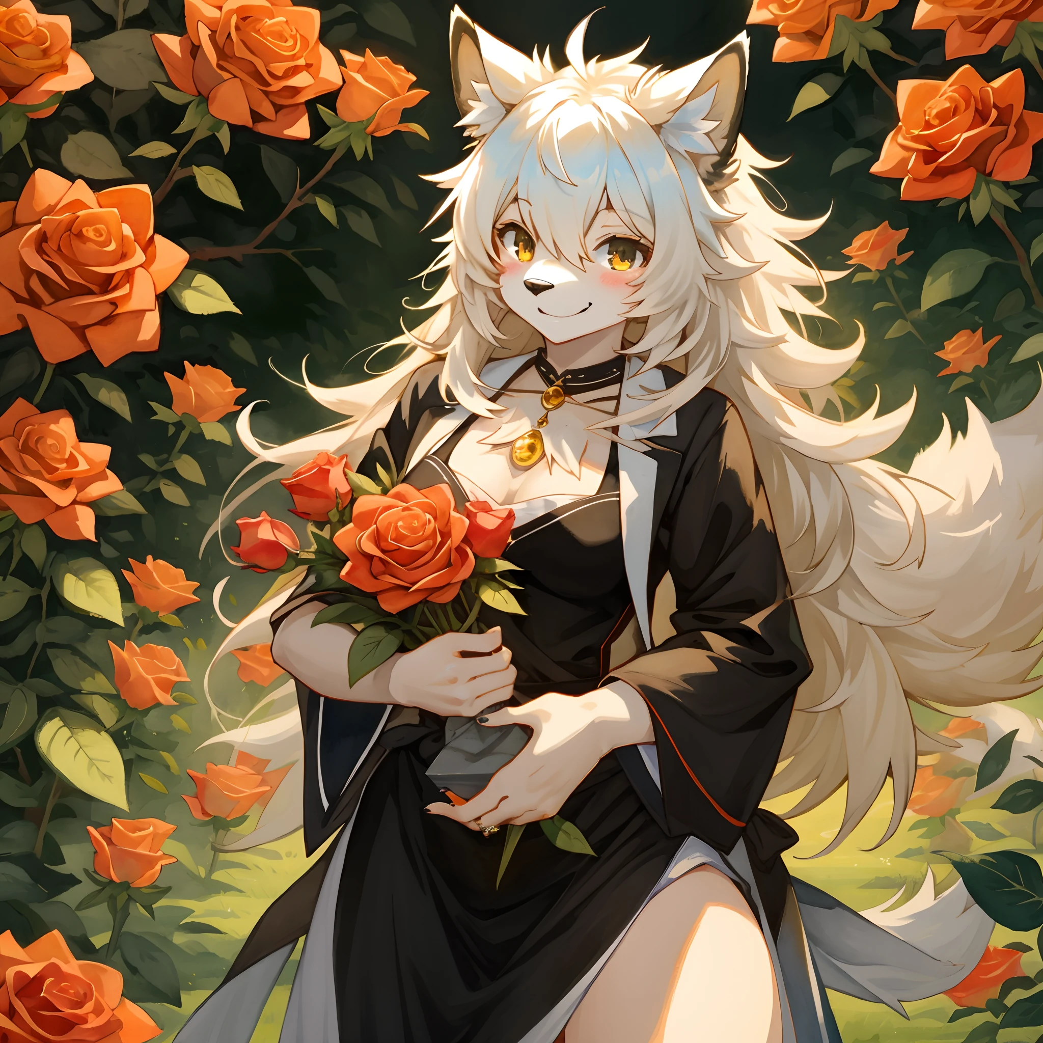 watercolor, highres, top quality, best quality, paid reward available, High-quality illustrations, unparalleled masterpiece, perfect artwork, absurdres, 1girl, kemono, furry, detailed body fur, animal face, animal hand, Archaic Smile, holding a cluster of orange Rose in both hands, which are positioned at chest level, She is wearing a simple ring on the ring finger of her left hand, unfocused spread of orange rose, fan-created work shared on platforms Pixiv or Twitter,