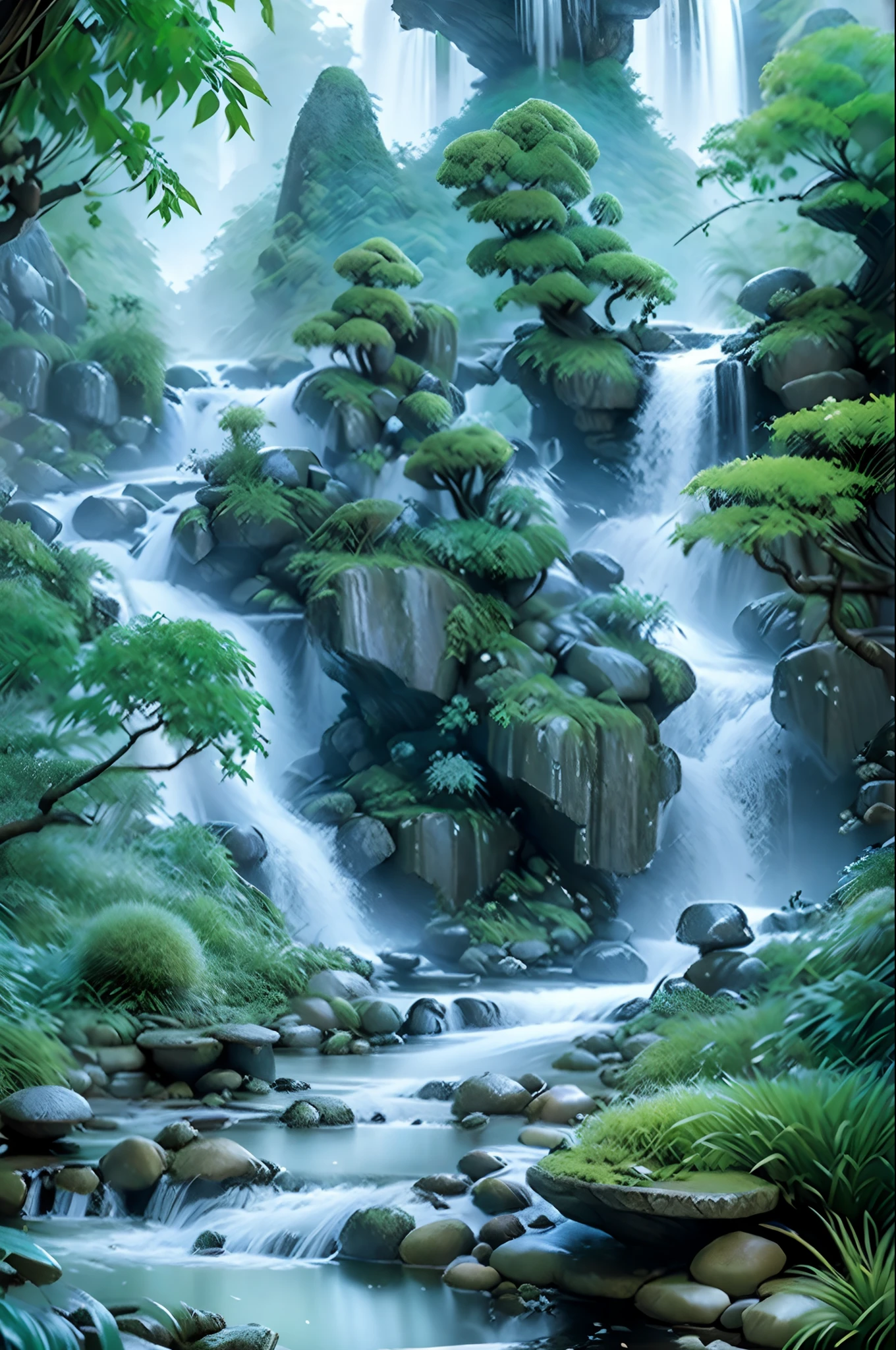 Landscape scenery of Guilin，mountain stream， rivulets， the trees，speleothems, waterfallr, tree, rivulets, bamboos, deers, hot onsen, vapour, glowworm，mistic，lotus flower，(Beautiful，Polished:1.3),(illustration: 1.0), Epic composition, Realistic lighting, HD details, Masterpiece, Best quality, (Very detailed CG unified 8k wallpaper)