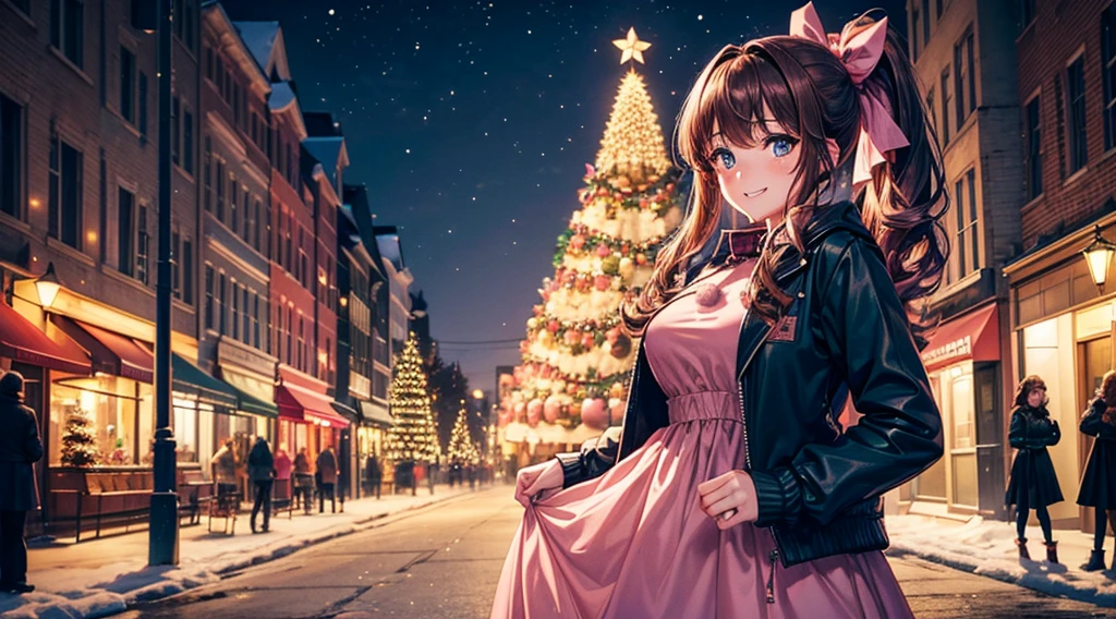 1girl, solo, full body, christmas, ((christmas tree)), street, night, lights, snow, long hair, brown hair, curly hair, ponytail, large breasts, ((opened brown zipper jacket)), dark blue eyes, ((pink dress)), ((long skirt)), smile, looking at the viewer, standing, hair ribbon