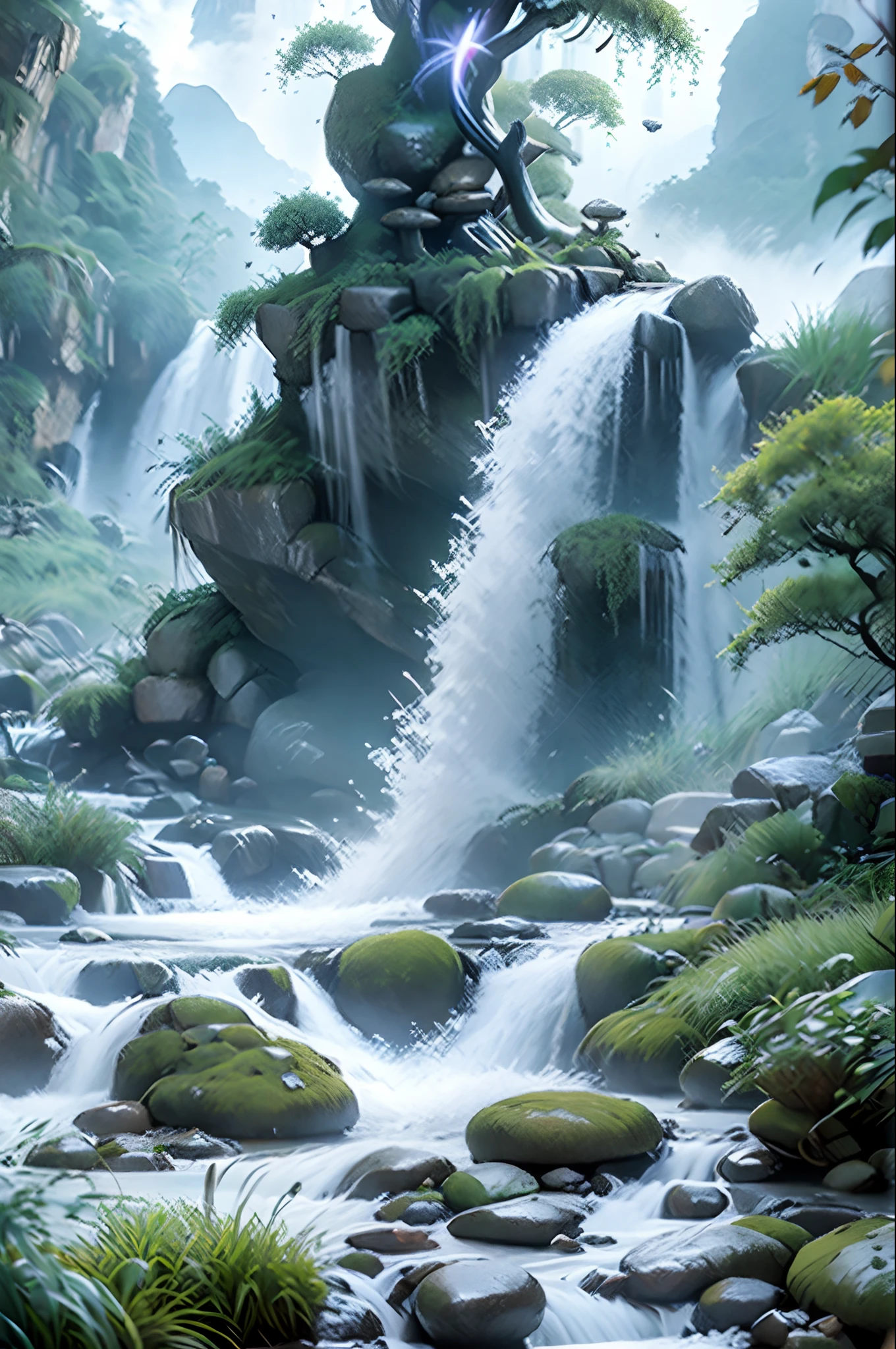 Guilin landscape scenery,mountain stream, rivulets, the trees,speleothems, waterfallr, tree, rivulets, bamboos, deers, hot onsen, vapour, glowworm,mistic,lotus flower,(Beautiful,Polished:1.3),(illustration: 1.0), Epic composition, Realistic lighting, HD details, Masterpiece, Best quality, (Very detailed CG unified 8k wallpaper)