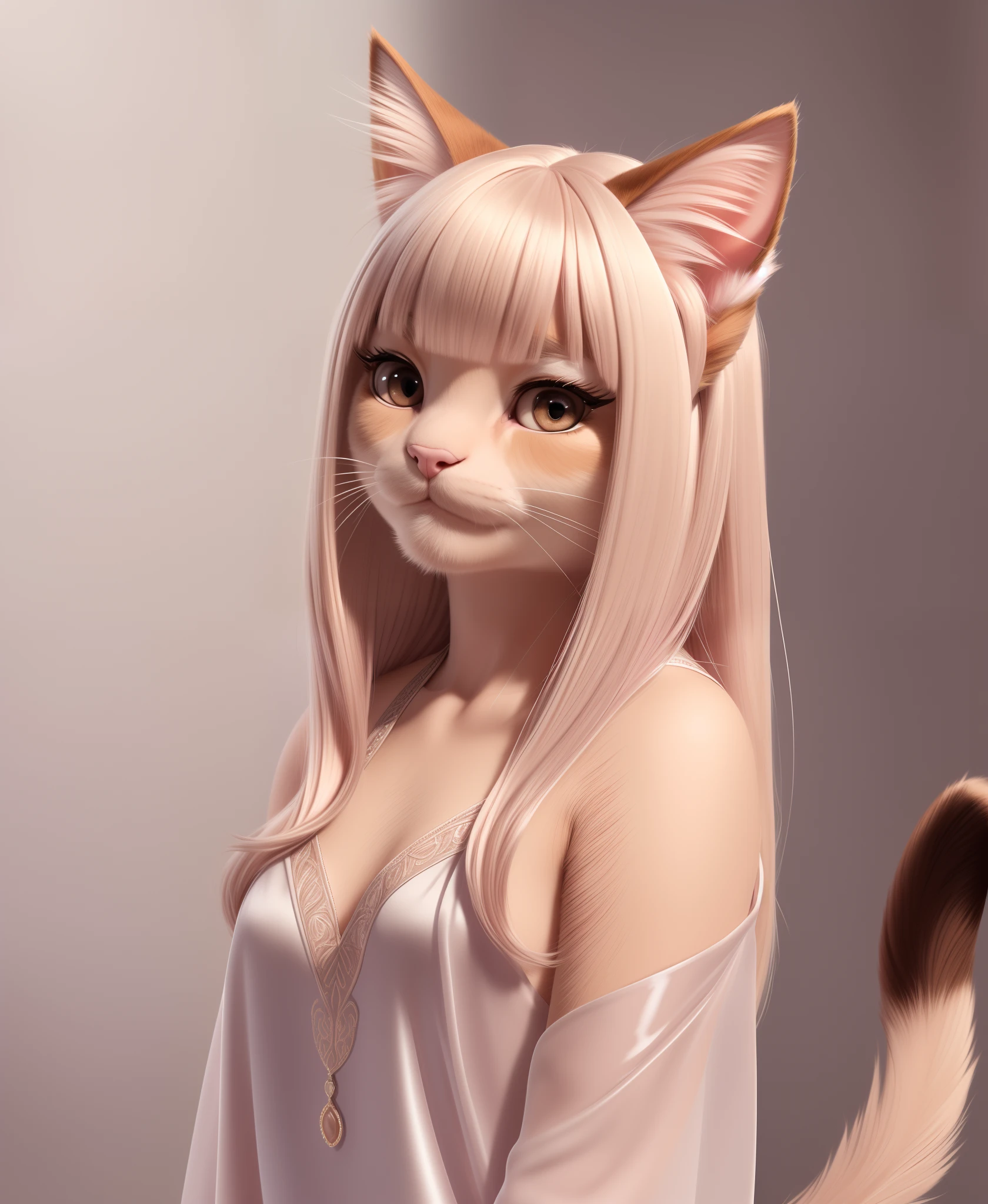 (1girl, solo), (masterpiece, best quality, ultra-detailed), (full body)
(simple background, natural lighting, intricate details), 
(humanoid face, cute female anthro cat, (detailed silky cat fur:1.2), (cat fur), cat ears and pink nose),
(platinum blonde colored hair, bangs hair, detailed humanoid glossy brown eyes, full lashes, thick eyebrows),