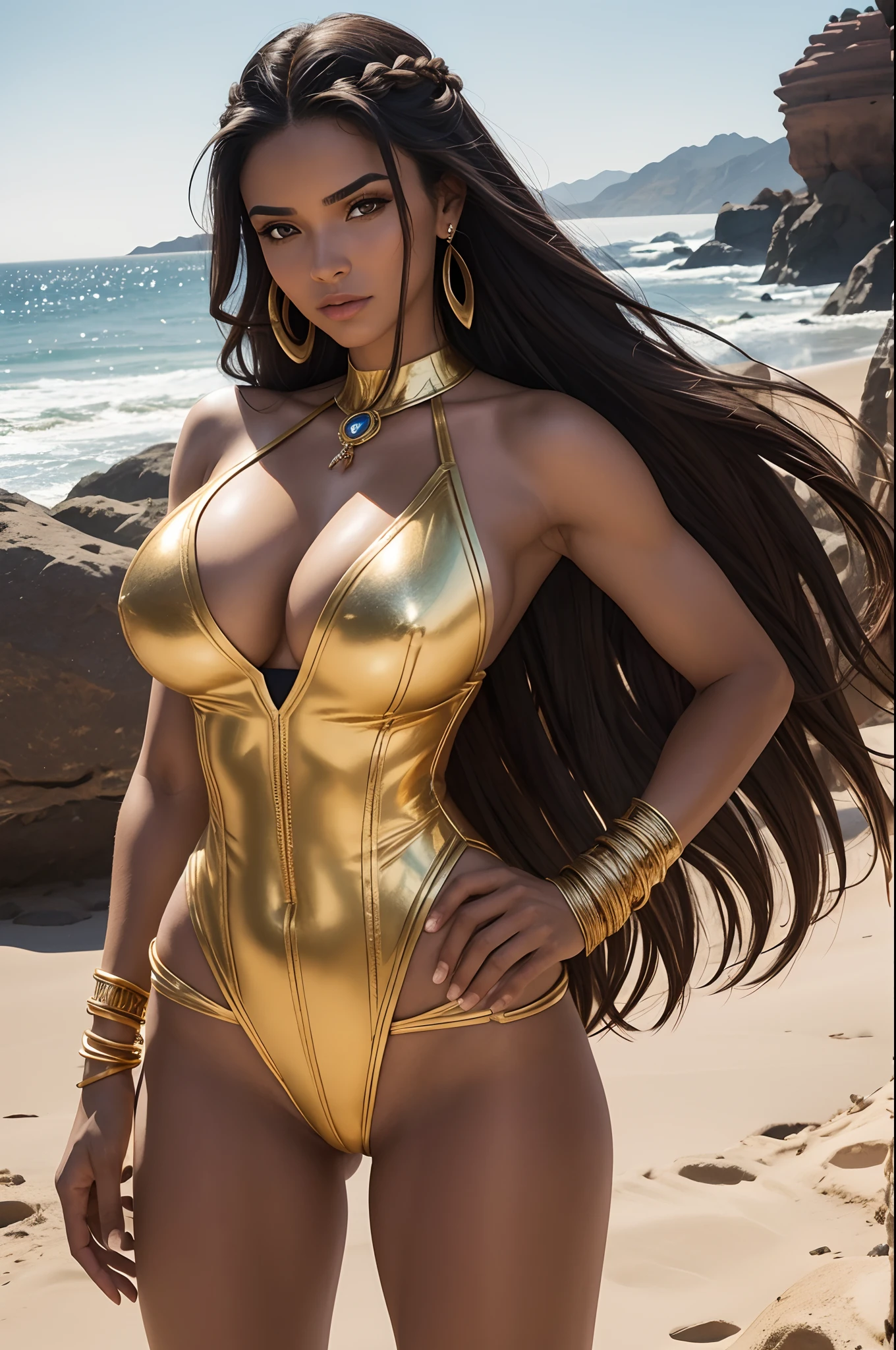 Indigenous Woman, bombshell, 29 anos, bodysuit tomara que caia dourado, coxas expostas, armadura de ouro, Superheroine woman , gold armbands, Manoplas gold, colar gargantilha de douro, tiara dourada, brincos grandes de argola, faixa dourada, pose majestosa, cabelos negros, cabelos pretos, Cabelos Longos, braided hair, Curvilinear athletic body, Muscles, Ombros, ombros largos, coxas, seios, Exposed glutes, Vista lateral do corpo, olhos azuis, look-at-camera, facial expression of tenderness, Romantismo, deserto de areia, pedras, night sky, fora, raios de luz