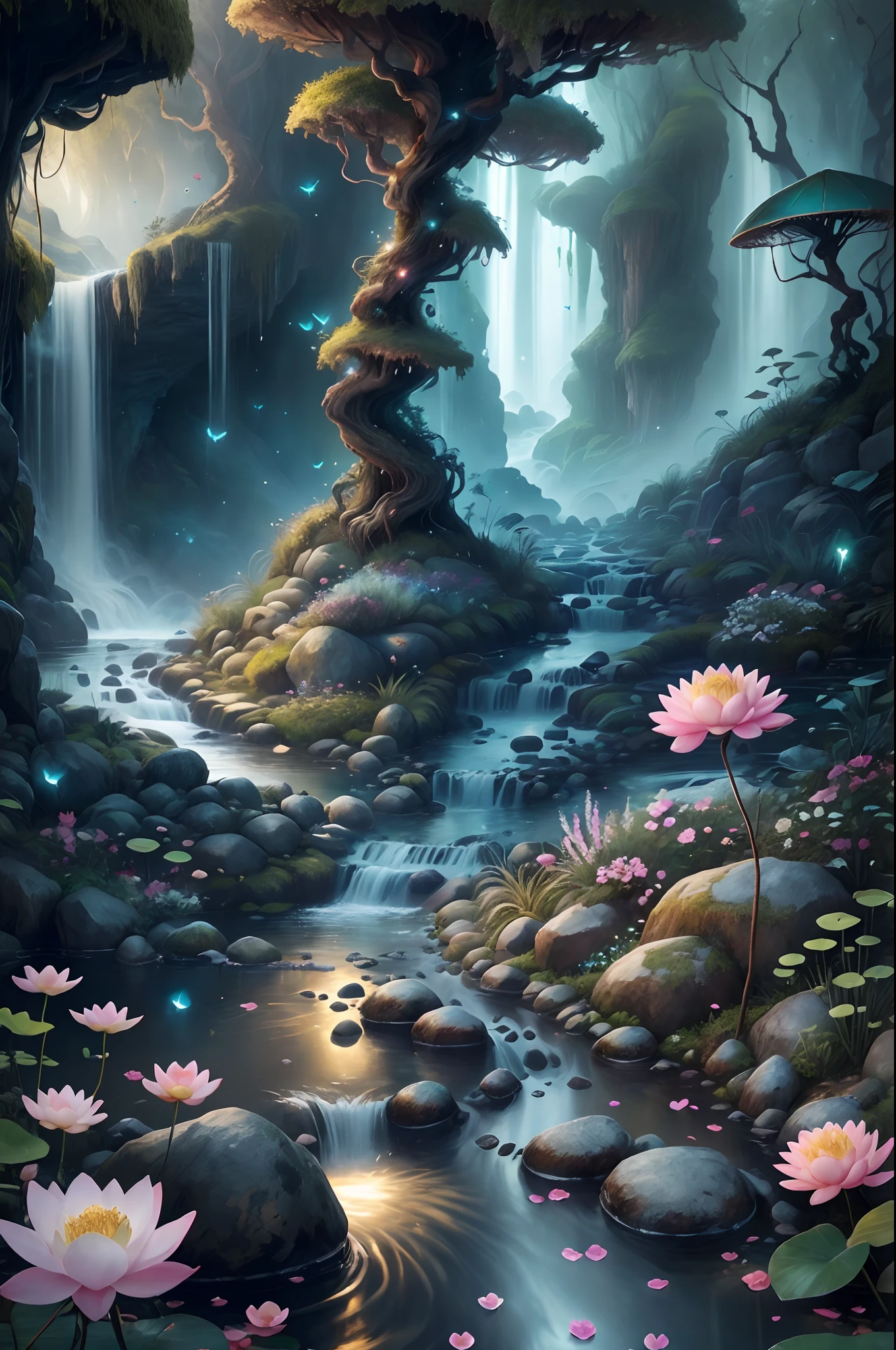 lotus flower,speleothems, waterfallr, tree, rivulets, bamboos, deers, hot onsen, vapour, glowworm,mistic,Small streams run through mossy rocks,Creates a peaceful atmosphere,The delicate branches are dotted with vibrant flowers and leaves,Add a touch of color to the scene。Fireflies dancing in the air,A soft glow illuminates the surroundings。The air is filled with soft melodies,Butterflies flutter among the flowers。In the complex、This fascinating moment is captured in high-quality illustrations, Epic composition, Realistic lighting, HD details, Masterpiece, Best quality, (Very detailed CG unified 8k wallpaper)