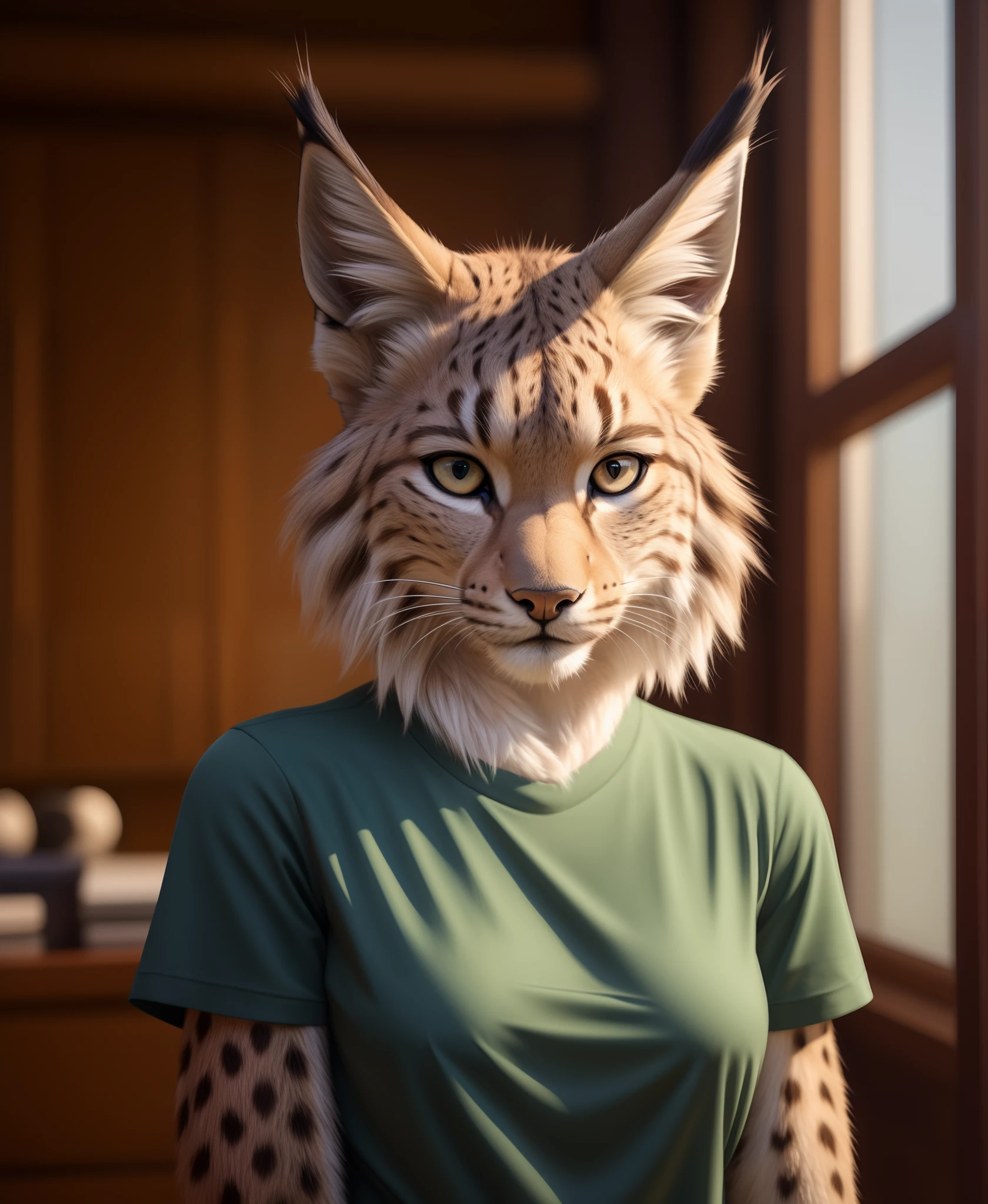 masterpiece, realistic, professional photo, female anthropomorphic lynx, shirt, detailed fur, (furry body:1.2), pretty face, detailed hair,