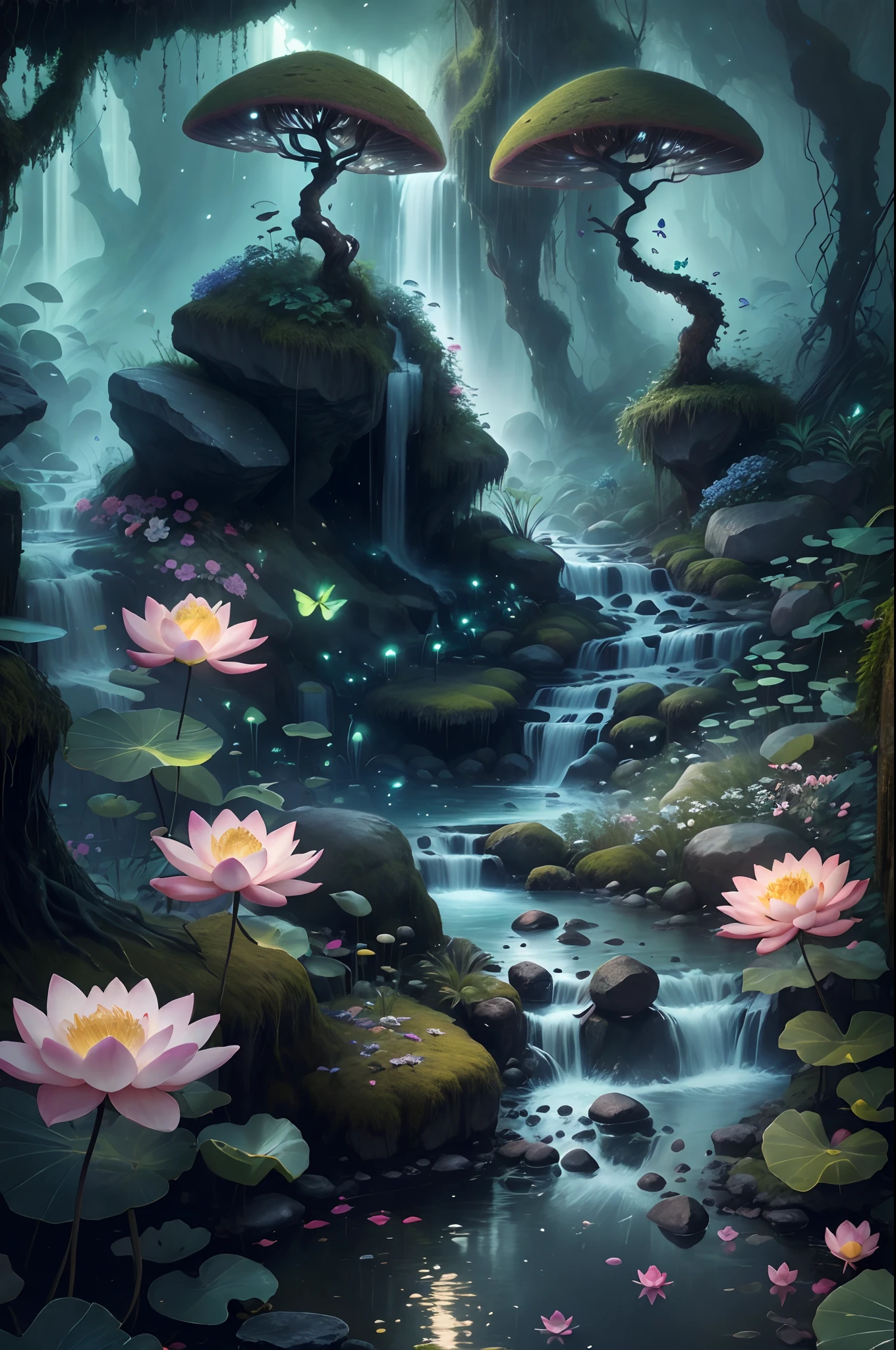 lotus flower,speleothems, waterfallr, tree, rivulets, bamboos, deers, hot onsen, vapour, glowworm,mistic,Small streams run through mossy rocks,Creates a peaceful atmosphere,The delicate branches are dotted with vibrant flowers and leaves,Add a touch of color to the scene。Fireflies dancing in the air,A soft glow illuminates the surroundings。The air is filled with soft melodies,Butterflies flutter among the flowers。In the complex、This fascinating moment is captured in high-quality illustrations, Epic composition, Realistic lighting, HD details, Masterpiece, Best quality, (Very detailed CG unified 8k wallpaper)
