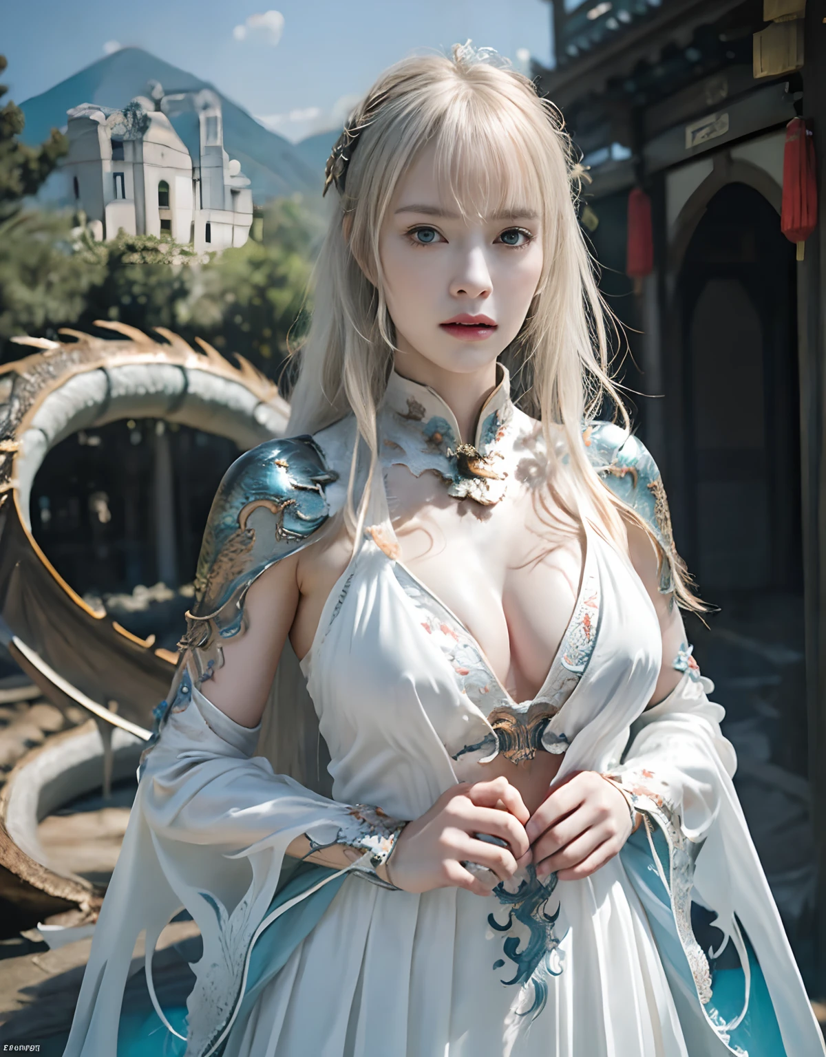top-quality、​masterpiece、超A high resolution、(Photorealsitic:1.4)、Raw photo、女の子1人、(((Chinese White Dragon Background))),（Armor with beautiful patterns in every detail）、(((heavy breasts))),glowy skin、(((Cliff background、Large mountain ranges、falls))))、(Random hair),(((Detailed Micro Bikini Armor)))、(((Mystical expression))),(((glowy skin))),（Gorgeous blue rubber body）)、(Background of decaying dungeon ruins)、（Ultimate Beauty）)、(Full Body Angle)、((super realistic details))、portlate),globalillumination、Shadow、octan render、8K、ultrasharp、Colossal tits、Raw skin is exposed in cleavage、Details of complex ornaments、Japan details、highly intricate detail、Realistic light、(Mystical expression),CGSoation Trends、Blue eyes、radiant eyes、Facing the camera)、Toostock、Ultimate Beauty、Detailed sword）、(((dragon background))),Precipitous cliffs、