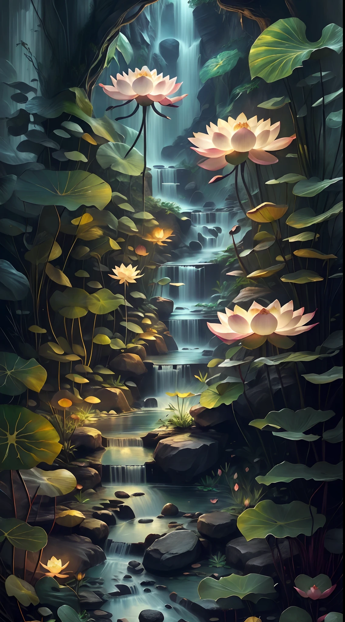 (lotus flower)，(Beautiful，Polished:1.3),speleothems, waterfallr, tree, rivulets, bamboos, deers, hot onsen, vapour, glowworm，mistic，(illustration: 1.0), Epic composition, Realistic lighting, HD details, Masterpiece, Best quality, (Very detailed CG unified 8k wallpaper)