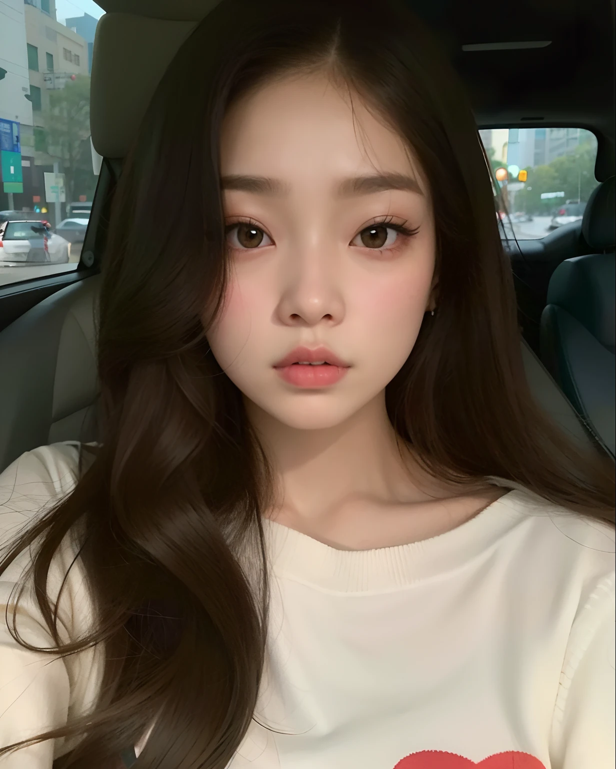 a closeup of a woman in a car with a camera, ulzzang, jennie rosa negro, Jinyoung Shin, pale korean adorable face, hermosa joven coreana, jaeyeon nam, heonhwa choe, muchacha coreana, hermosa mujer surcoreana, hermosa joven coreana, lee ji - eun, lee ji-eun, gongbi, cristal, imagen filtrada
