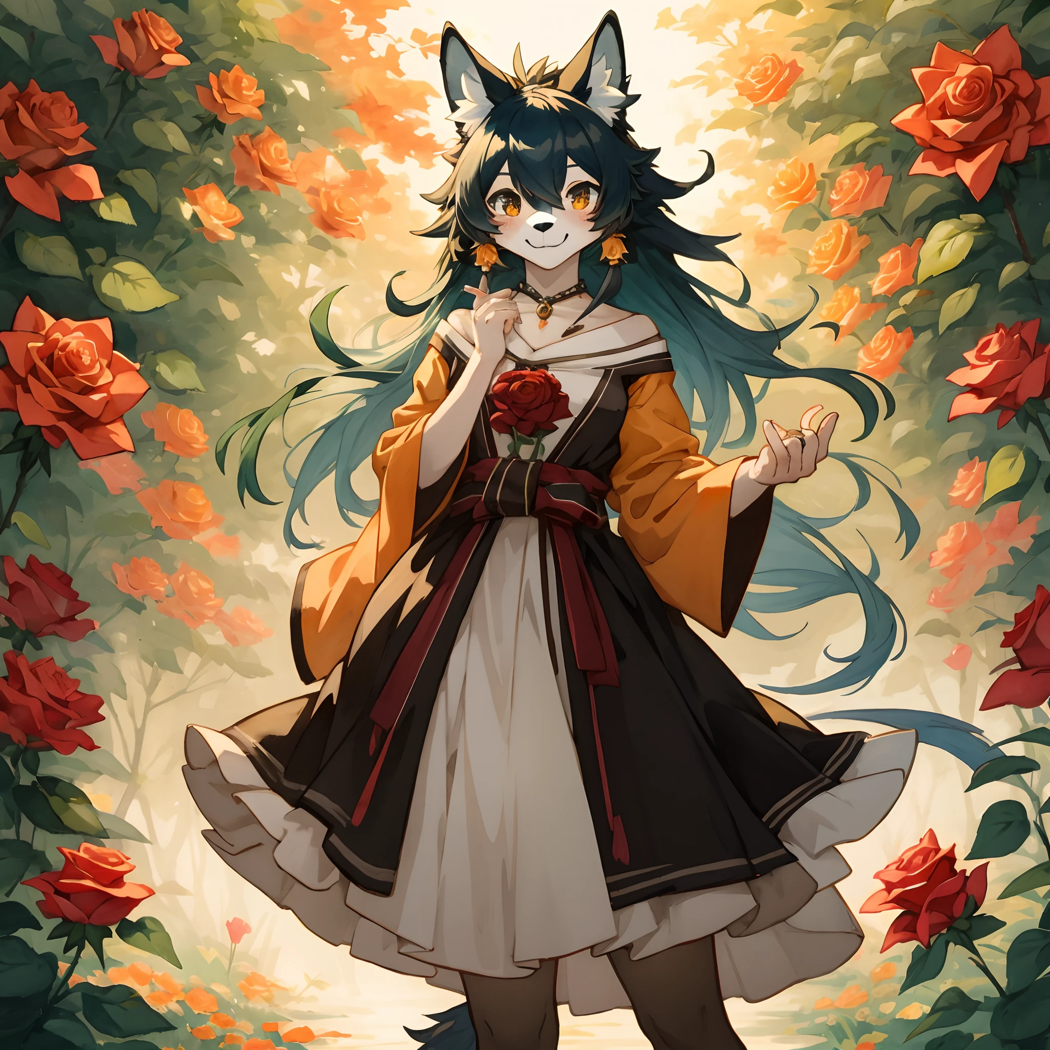 watercolor, highres, top quality, best quality, paid reward available, High-quality illustrations, unparalleled masterpiece, perfect artwork, absurdres, 1girl, kemono, furry, detailed body fur, animal face, animal hand, Archaic Smile, holding a cluster of orange Rose in both hands, which are positioned at chest level, She is wearing a simple ring on the ring finger of her left hand, unfocused spread of orange rose, fan-created work shared on platforms Pixiv or Twitter,