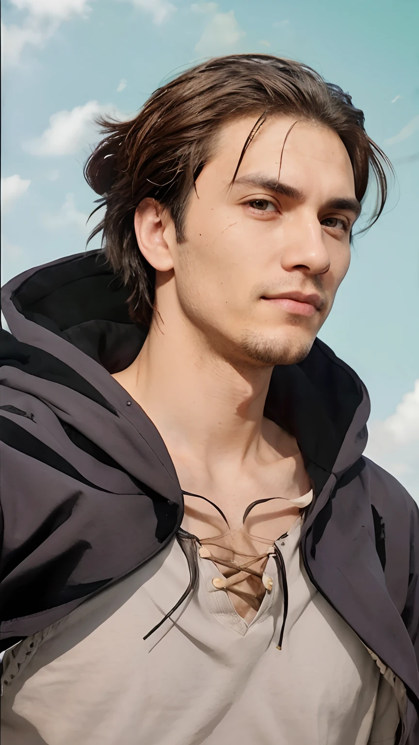 um close up de uma pessoa com capuz e camisa, Retrato de Eren Yeager, cara bonito, homem bonito,