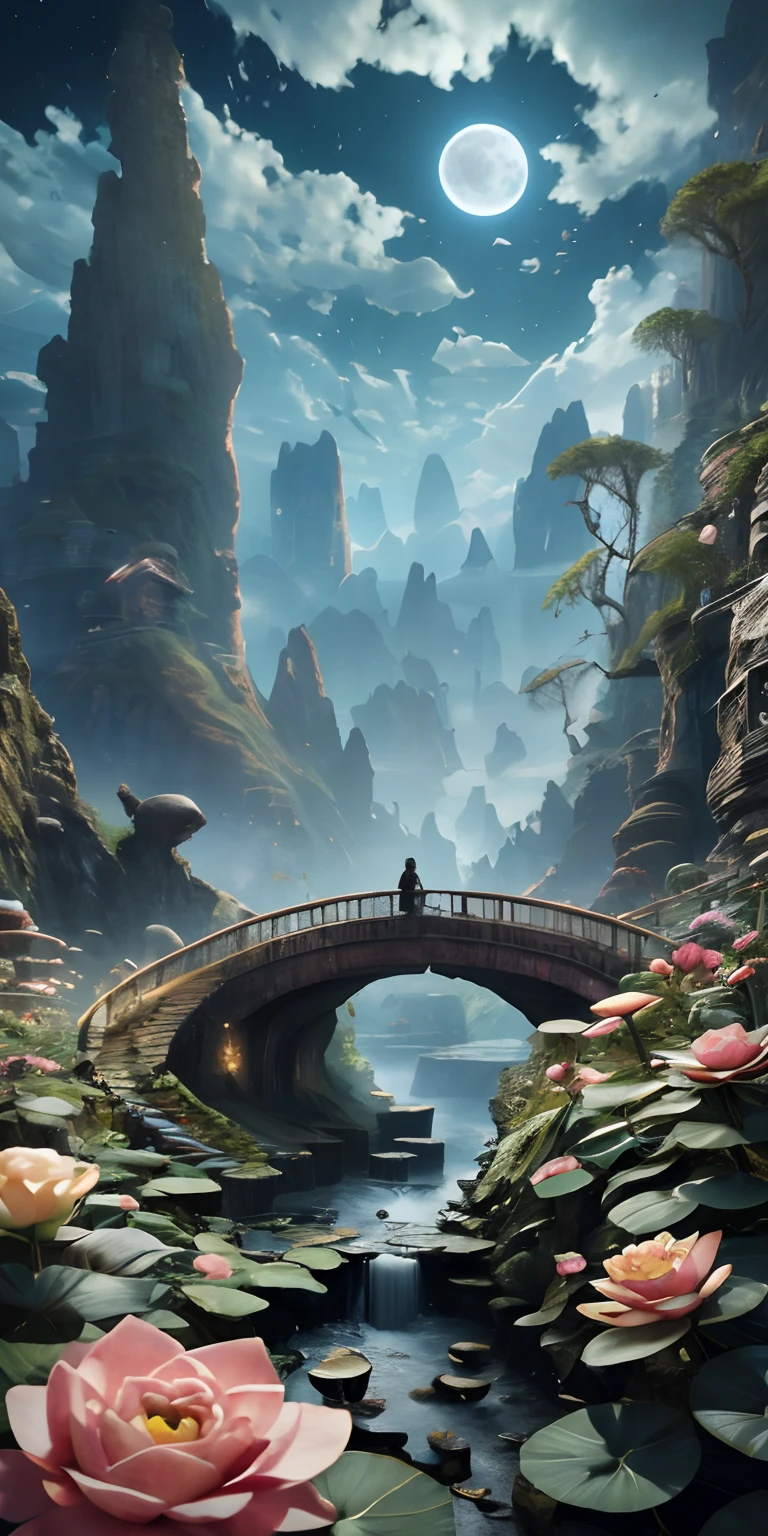 Masterpiece, High quality, Extremely detailed Cg Unity 8K wallpaper, scenery, Outdoors, lotuses, rivulets,speleothems,Moon,Night, No Man, Mountain, landscape, waterfallr, cliff, Nature, blossoms, award winning photography, hdr, full bloom, color difference ,Photorealistic,Extremely detailed, trending on artstationh, trending on CGSociety, Intricate, High detail, Dramatic, art by midjourney