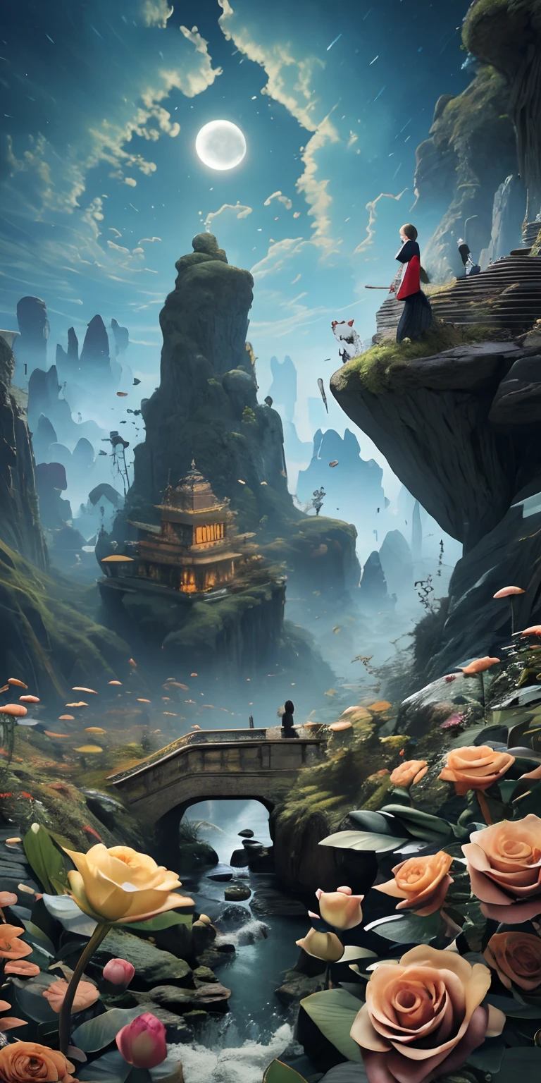 Masterpiece, High quality, Extremely detailed Cg Unity 8K wallpaper, scenery, Outdoors, lotuses, rivulets,speleothems,Moon,Night, No Man, Mountain, landscape, waterfallr, cliff, Nature, blossoms, award winning photography, hdr, full bloom, color difference ,Photorealistic,Extremely detailed, trending on artstationh, trending on CGSociety, Intricate, High detail, Dramatic, art by midjourney