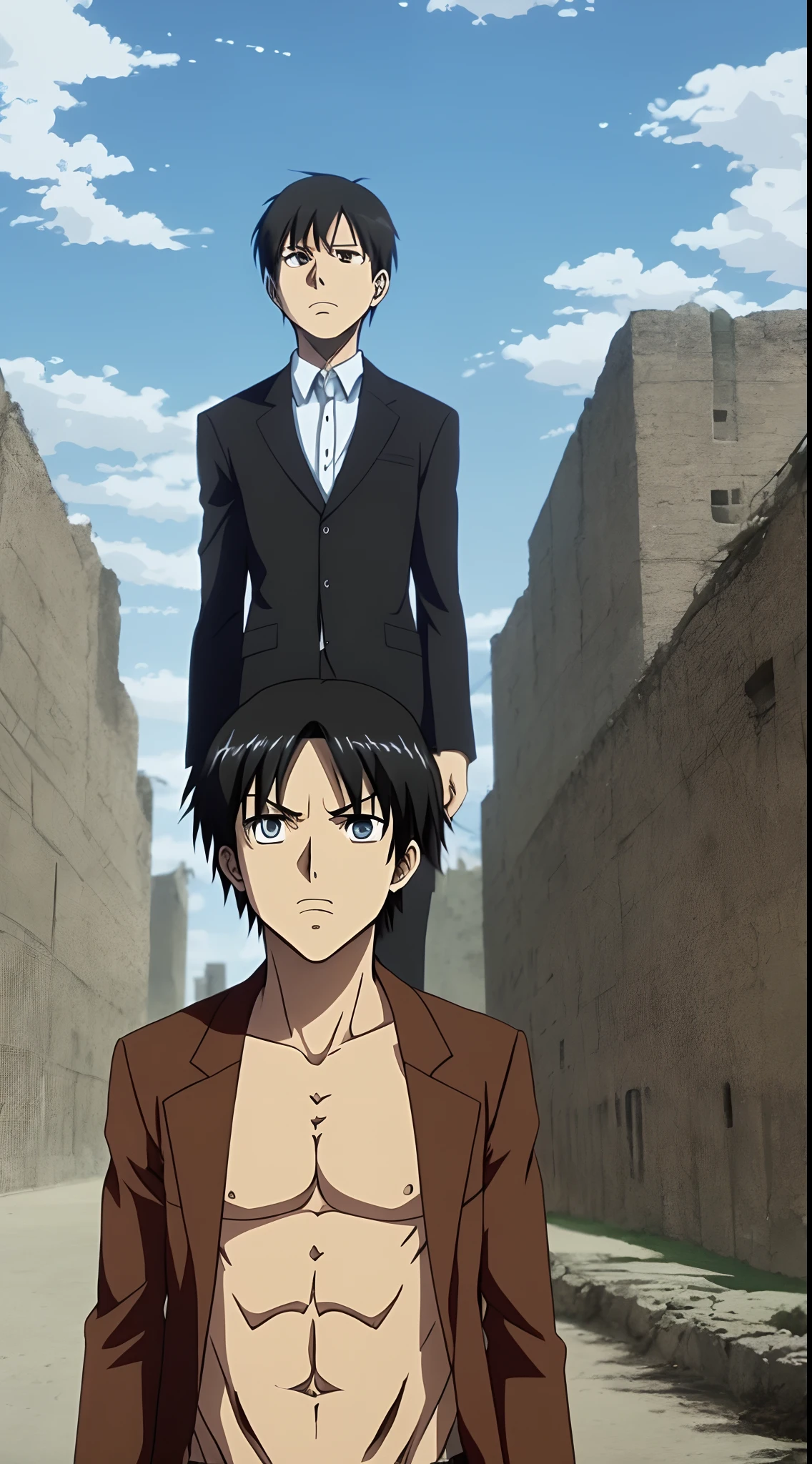 Attack on Titan screencap of a male with black hair and blue eyes. Hes an aduld.
Beautiful background scenery of
behind him. He is wearing a black87 suit. Season 4
MAPPA Studios screencap