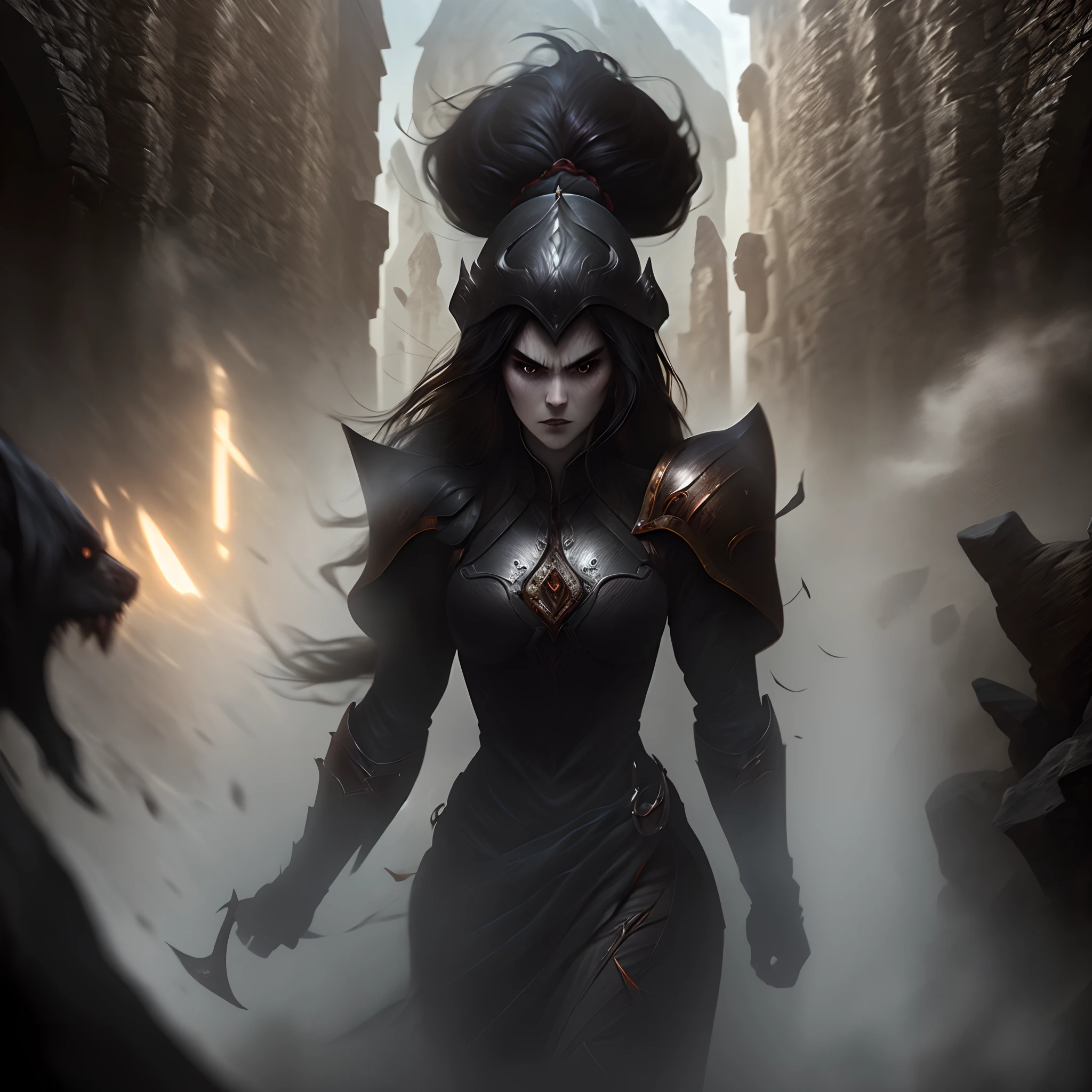 1 woman, tall, long hair, black hair, brown eyes, pale skin, angry, black armor, black spear, medieval, dark,dark village, detailed face, detailed body, best quality