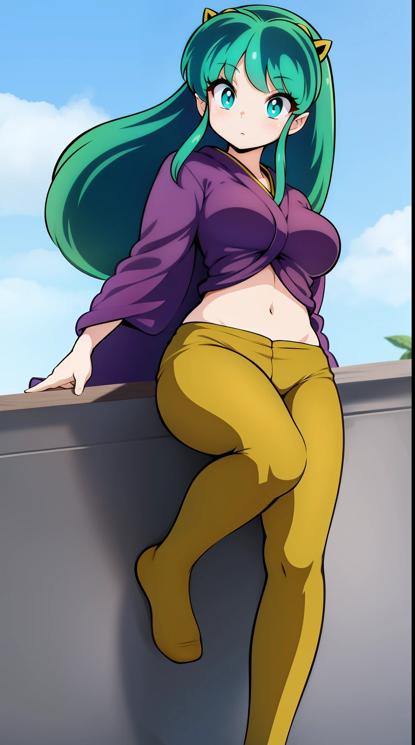 lum, , superhero costume, urusei yatsura, cloak, pants, pullover, kimono,martial pov,, pantyhose