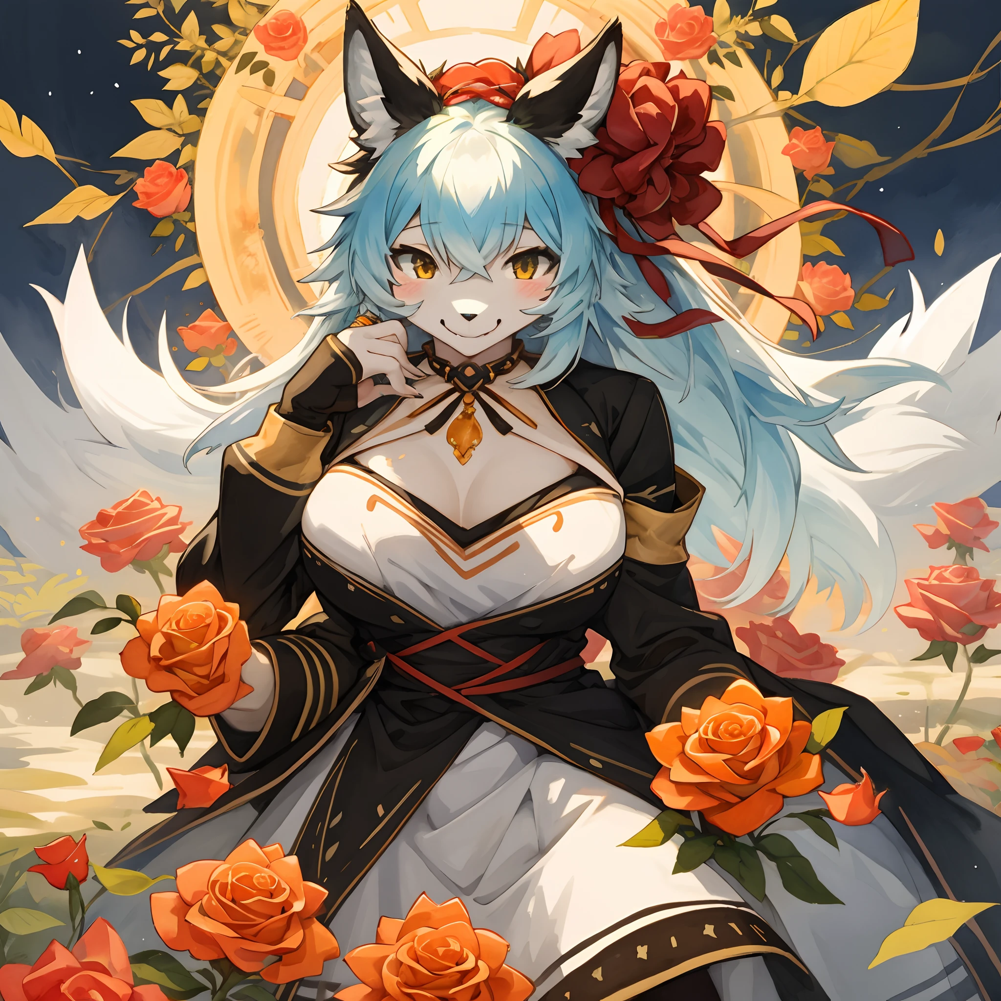 watercolor, highres, top quality, best quality, paid reward available, High-quality illustrations, unparalleled masterpiece, perfect artwork, absurdres, 1girl, kemono, furry, detailed body fur, animal face, animal hand, Archaic Smile, holding a cluster of orange Rose in both hands, which are positioned at chest level, She is wearing a simple ring on the ring finger of her left hand, unfocused spread of orange rose, fan-created work shared on platforms Pixiv or Twitter,