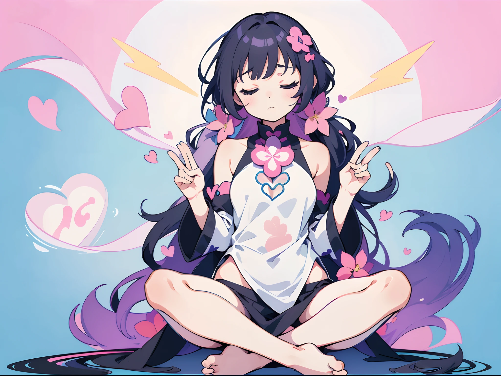 flat design, material design, deformed pop art, Adobe Illustrator, anime character, two girl, meditation, gothic style meditation clothes, barefoot, (close their eyes:1.5), yoga poses, spiritual tranquility, transcendental tranquility, transparent illustrations, even though they are apart, thier hearts are one, floral fractals and tessellation.