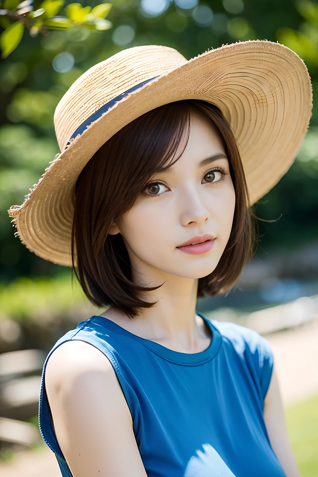 very skinny , ,pelo corto , girl ,large eyes , caucásico , max caulfield , , blurry, , brown hair , happy , , soft skin, , expressive eyes ,, blue t-shirt, , , short short , at the river, close-up shot, , shallow depth of field, bokeh, . , hat sun