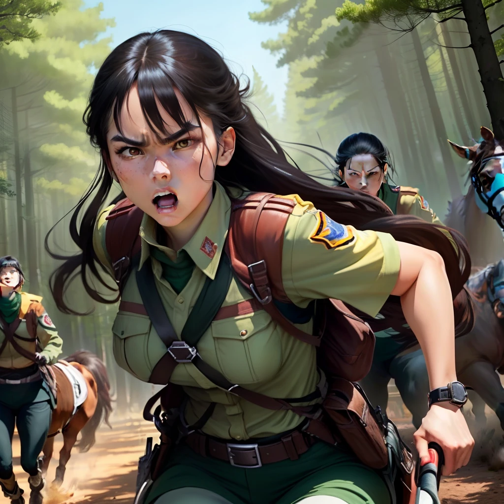 a female attack on titan character in WIT studios anime style. she is a 16. she is asian. she has long dark brown straight hair with bangs. she has a full lid dark brown eyes and normal sized eyebrows. she has very furious, scared and confused expression. she is chubby. she is wearing scouts uniform. the setting is aot style forest with in titans and the female titan running in the background. she is riding horses among her fellow training scouts also riding horses
