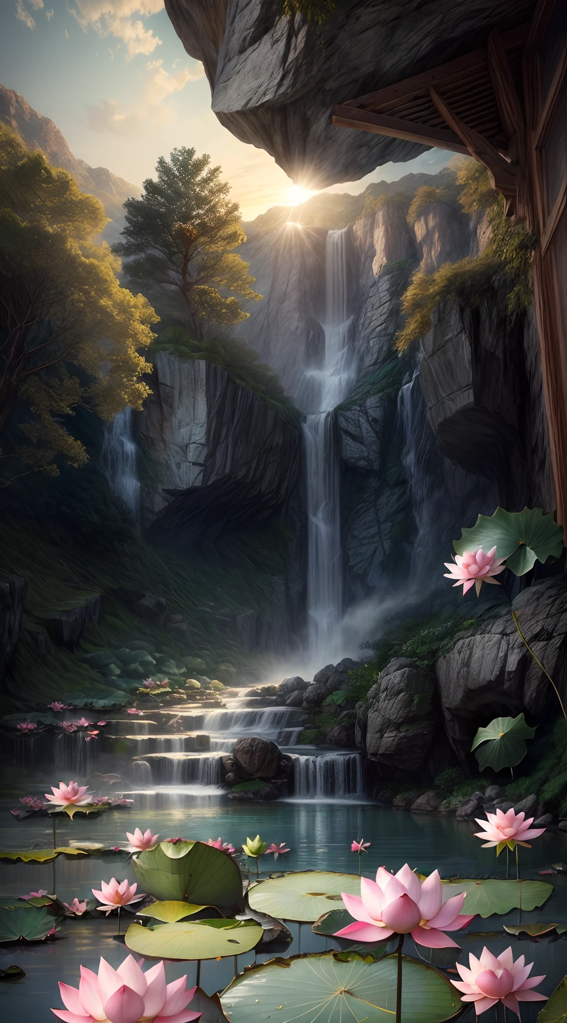 Summer, Lake, (lotus flower:1.5)，(Beautiful，Polished:1.3),speleothems, waterfallr, tree, louka, Rock music, deers, hot onsen, vapour, (illustration: 1.0), Epic composition, Realistic lighting, HD details, Masterpiece, Best quality, (Very detailed CG unified 8k wallpaper)