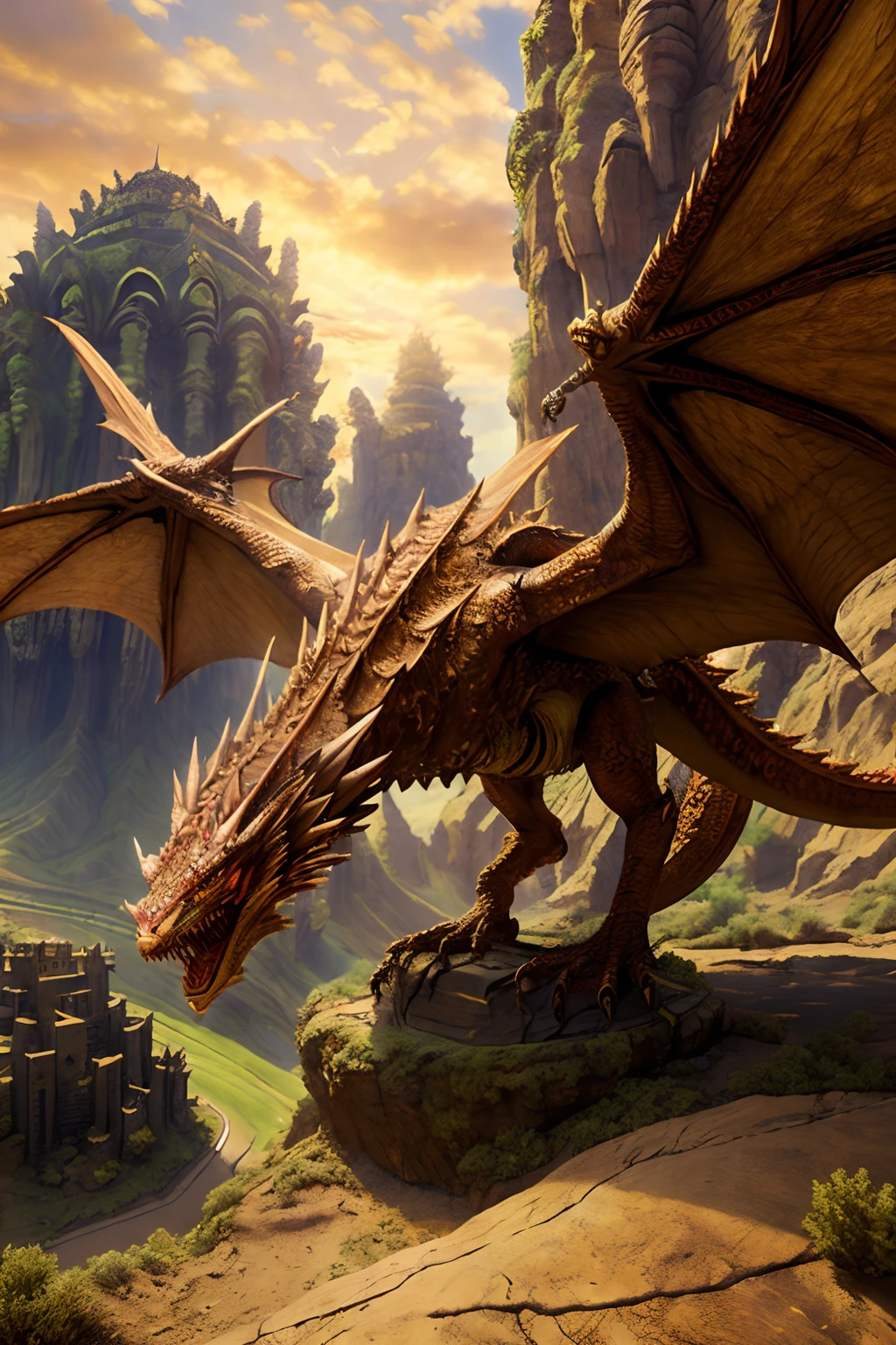 (masterpiece:1.4), (best quality:1.4), realistic, dragon, open mouth, temple, wings, claws, dungeon, desert