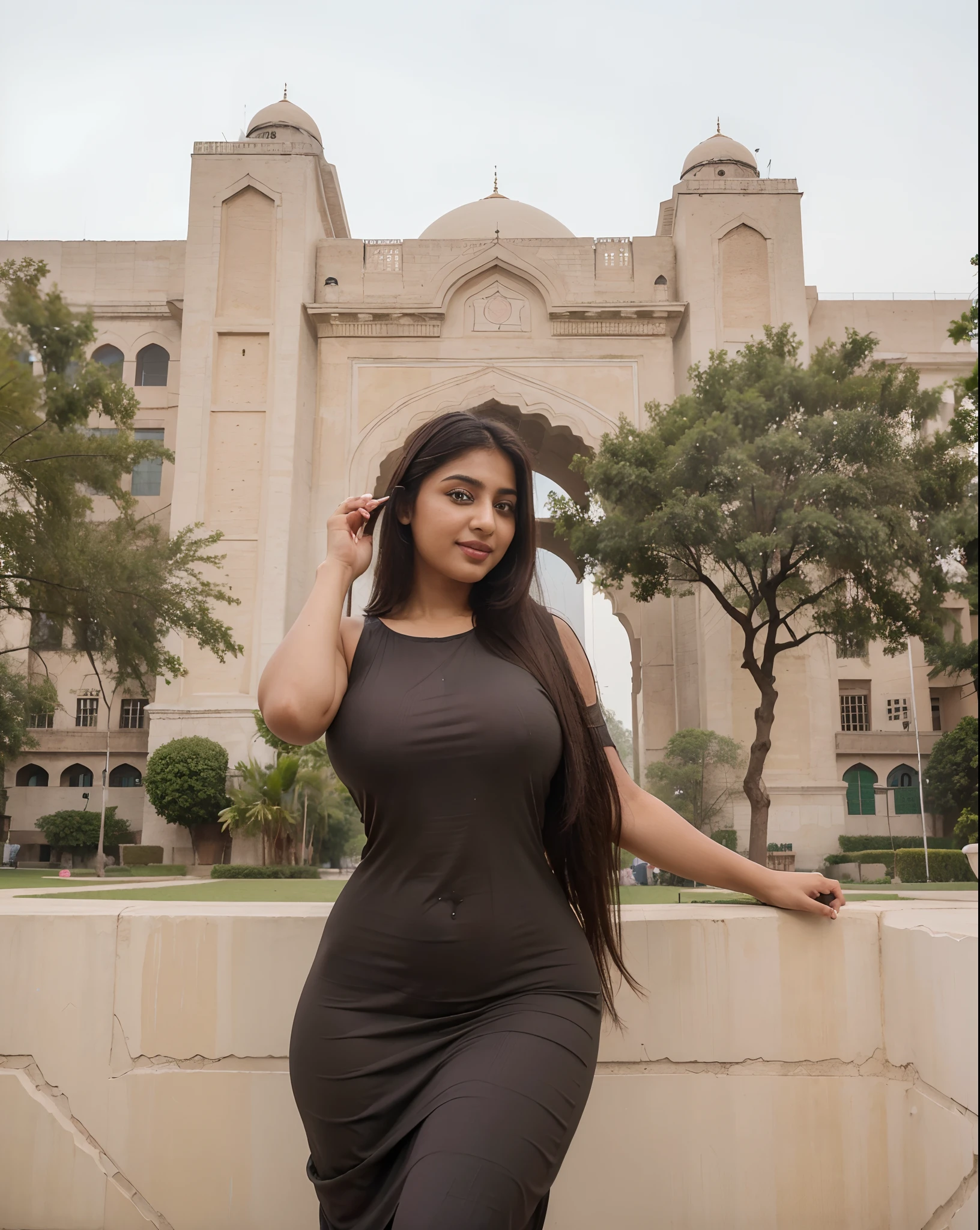 ((Masterpiece)), ((8k)),((ultra-high resolution)), RAW photo, realistic, Pakistani girl, New Delhi, thick figure, wearing dress, seductive smile,perfect face,skinny waist and thick hips,fair skin,