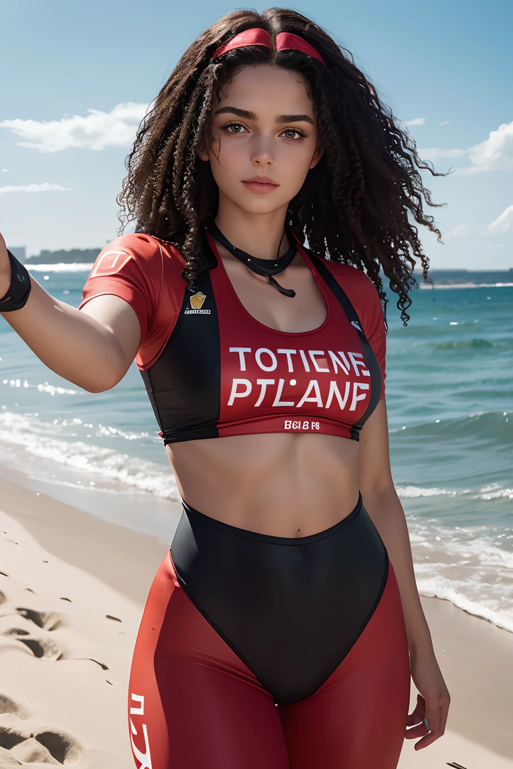 eine junge Frau im roten Badeanzug am Strand, patrolliert, Lifeguard, 4K, Rettungsschwimmer, sportliche Figur, black curly hair, one hand brought to the head, Lovely face, dunkle Augen, Strand wellen, Goddess, cameltoe,