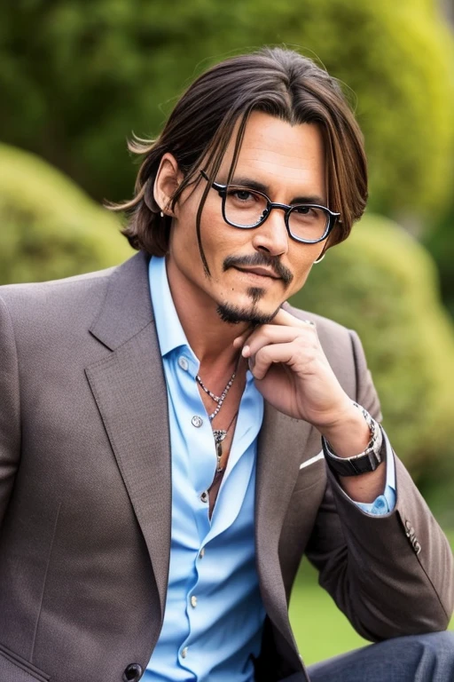A handsome man of about 30 years old who looks like Johnny Depp、Feeling like a model、Delicate face、a handsome、Her hair is light brown、Brown eyes、Daytime on a sunny day、Cool standing figure、Casual blazer、BRIGHT COLOR JEANS、University campus、Upper body photo、Live-action shooting style、High Definition 8K、Handsome smile、