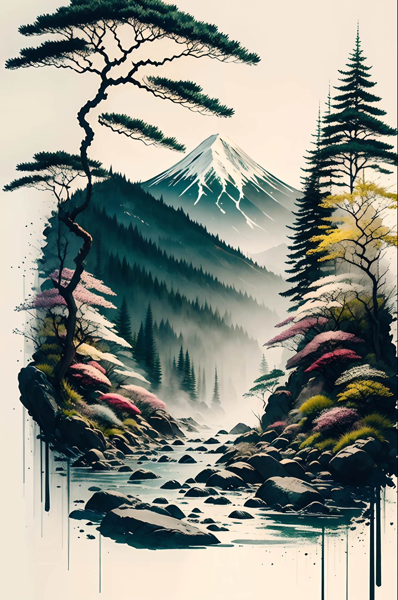 white backgrounid, scenecy, ink, mountain stream, rivulets, the trees
