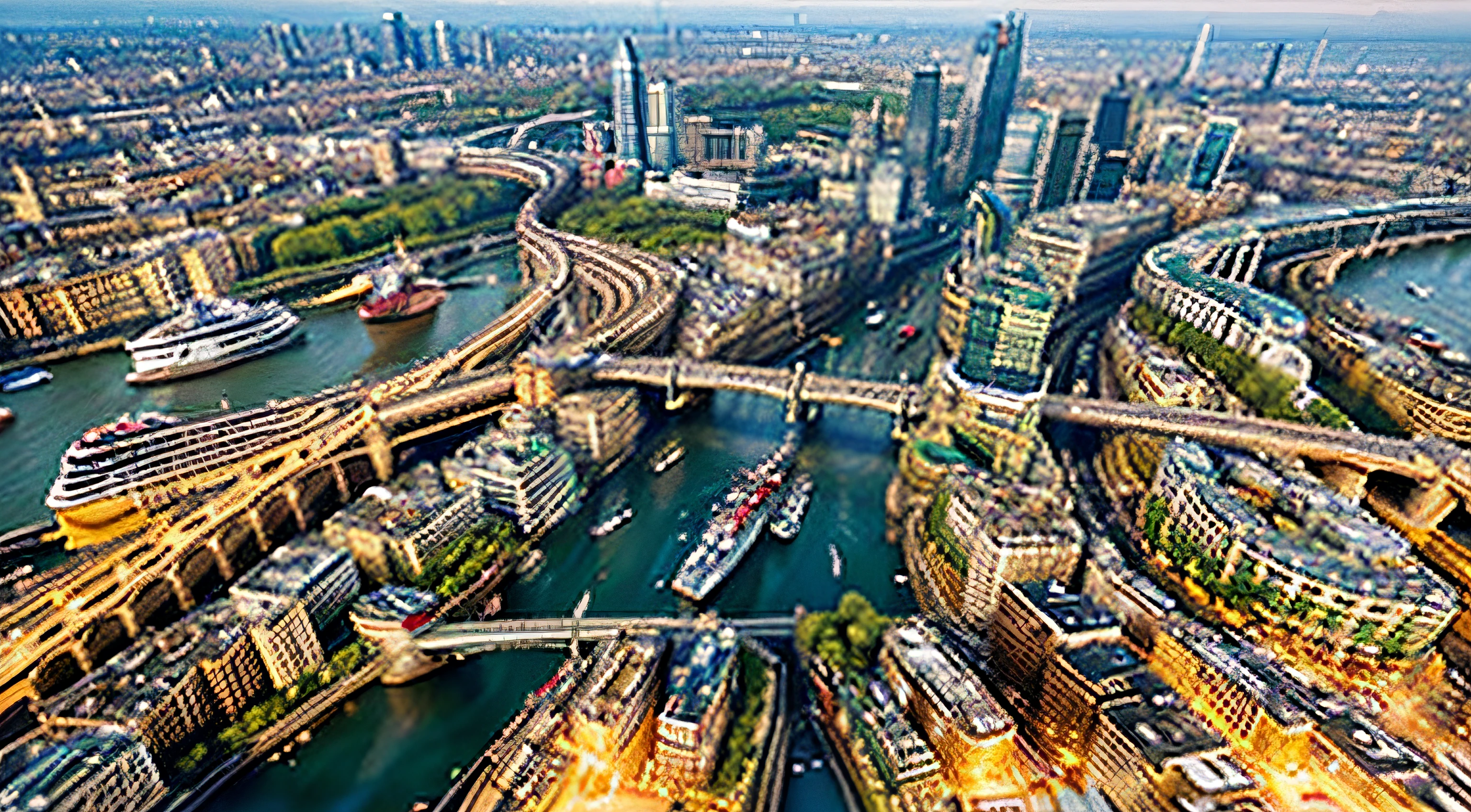 A bird's-eye view of the city London, early morning，a wide river with five-story buildings on both sides. Boats are sailing on the river, with water splashing at the stern