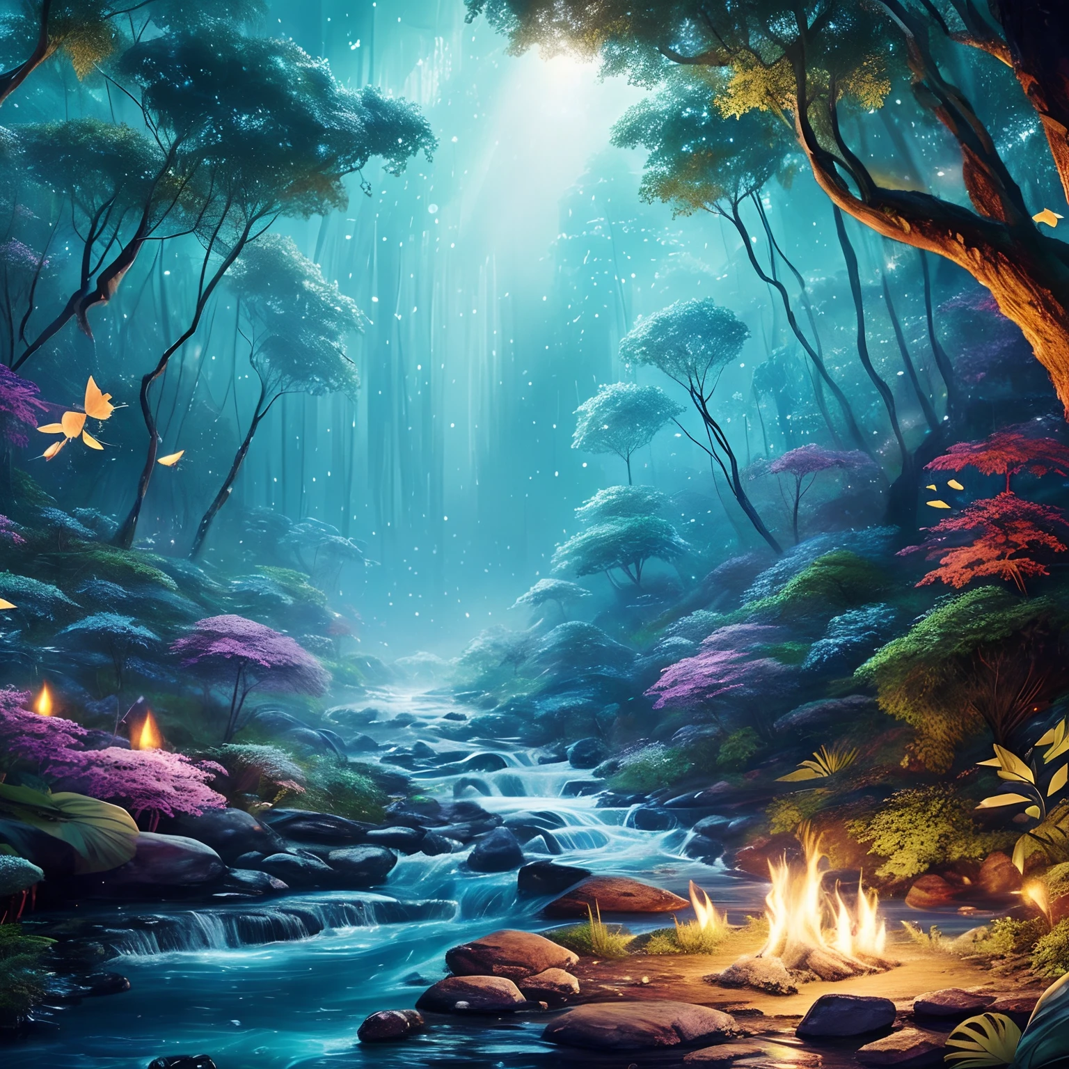 tmasterpiece，Best quality at best，high high quality，extremely detaile，8K，A small stream flows through a mysterious wood，Fantastic snow and ice jungle，ice witch，Colorful ice magic，glowing sprites，Natural elements in the forest theme，Colorful snow and ice jungle，Epic fantasy art style，Delicate leaves and branches are surrounded by fireflies（nature elements），（Jungle theme），（Foliage），（tree branch），（glowworm），（Particle effect）and other 3D， Octane rendering，Ray traching，Super meticulous，Depicting the harmony between man and nature