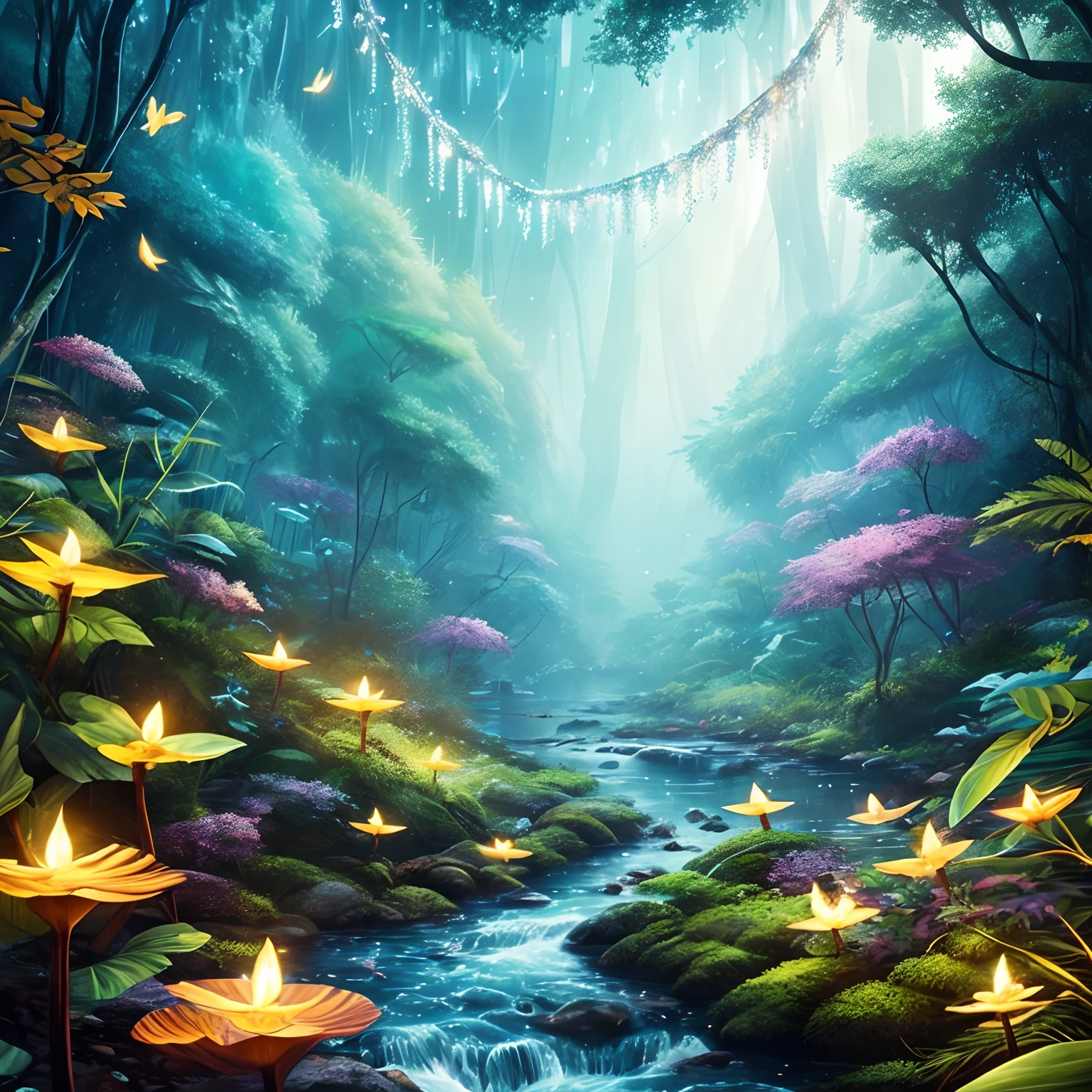 tmasterpiece，Best quality at best，high high quality，extremely detaile，8K，A small stream flows through a mysterious wood，Fantastic snow and ice jungle，ice witch，Colorful ice magic，glowing sprites，Natural elements in the forest theme，Colorful snow and ice jungle，Epic fantasy art style，Delicate leaves and branches are surrounded by fireflies（nature elements），（Jungle theme），（Foliage），（tree branch），（glowworm），（Particle effect）and other 3D， Octane rendering，Ray traching，Super meticulous，Depicting the harmony between man and nature