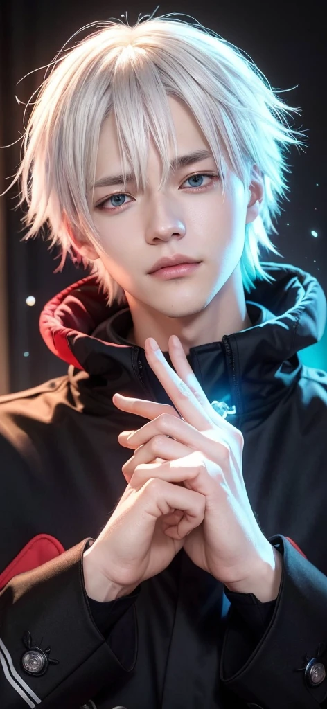 guy with white hair and blue eyes posing for a picture, tall guy with blue eyes, kaneki ken, ken kaneki, kaworu nagisa, [[[[grinning evily]]]], nagito komaeda, zerochan art, with index finger, zerochan, handsome pose