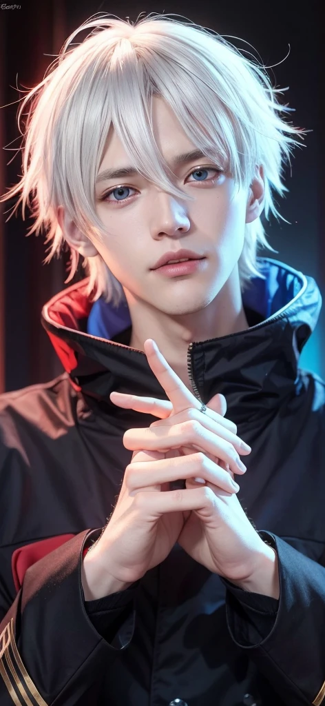 guy with white hair and blue eyes posing for a picture, tall guy with blue eyes, kaneki ken, ken kaneki, kaworu nagisa, [[[[grinning evily]]]], nagito komaeda, zerochan art, with index finger, zerochan, handsome pose