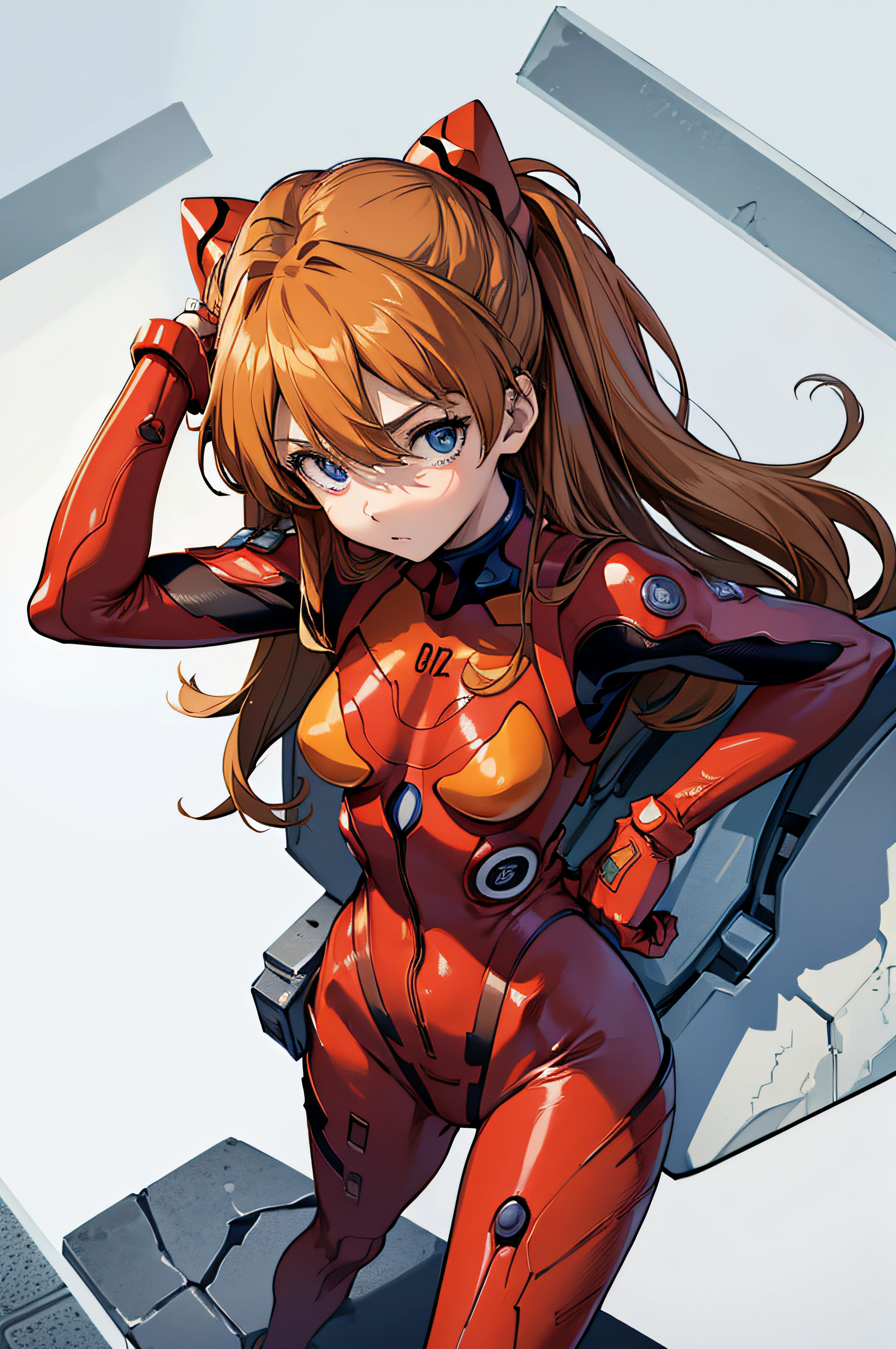 (masterpiece), best quality, expressive eyes, perfect face, 1girl, solo, souryuu asuka langley, interface headset, red bodysuit, hands on waist, standing, hand raised, pointed at the viewer, laboratory background, portrait, looking at the viewer, from above